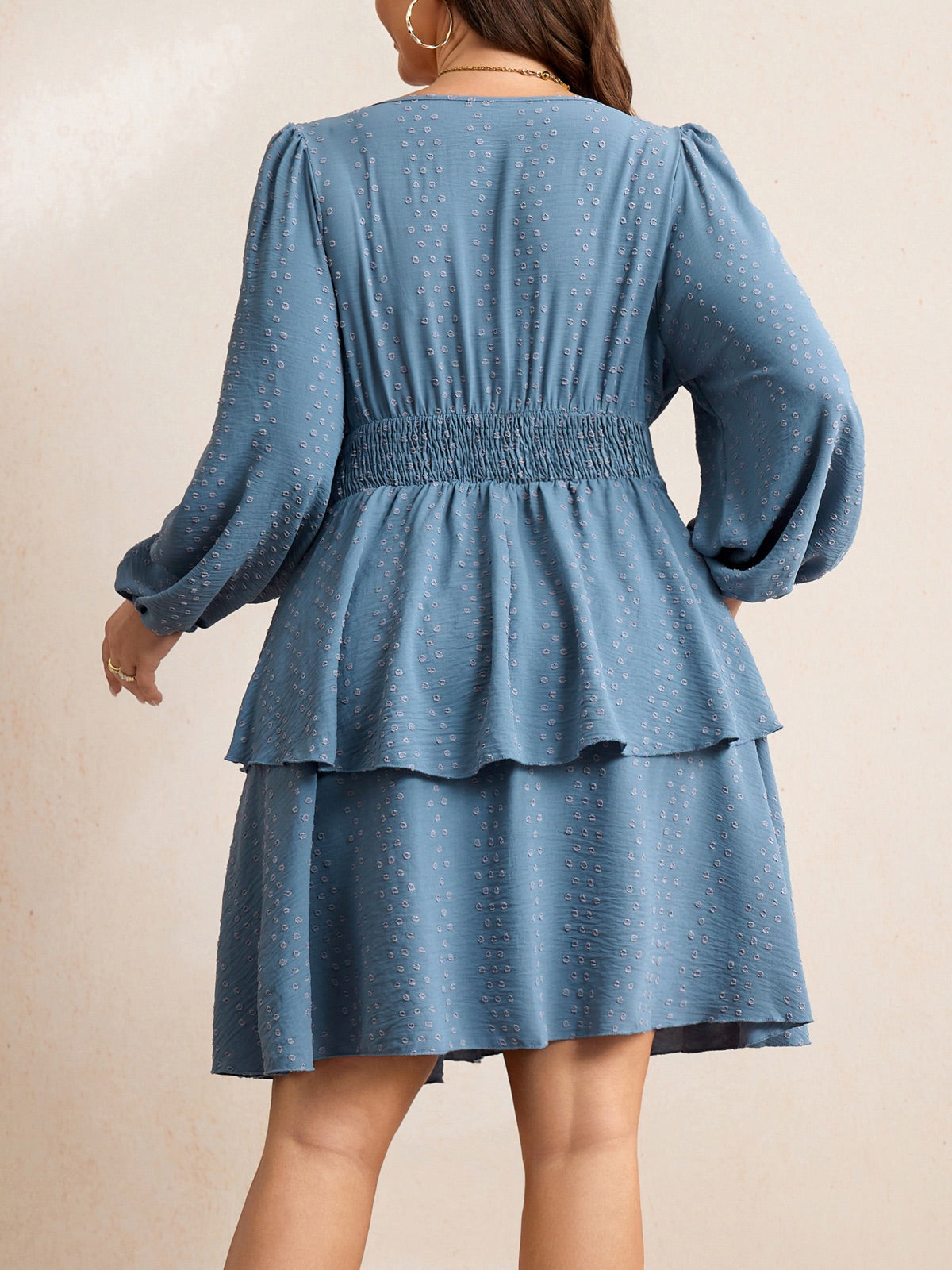 Plus Size V-Neck Tiered Mini Dress — Swiss Dot Dusty Blue gallery image 1
