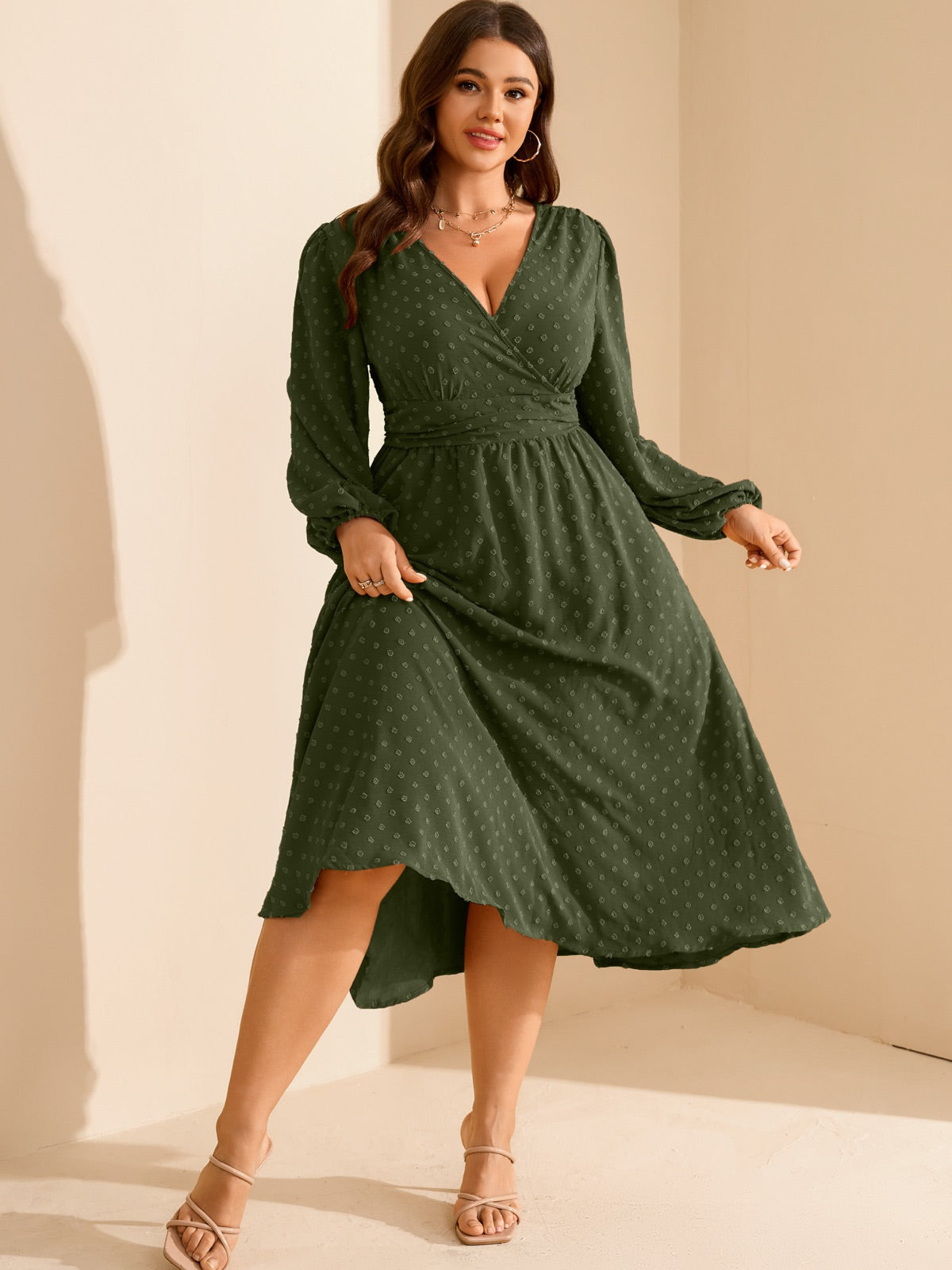 Plus Size Swiss-Dot V-Neck Party Dress — Army Green gallery image 3