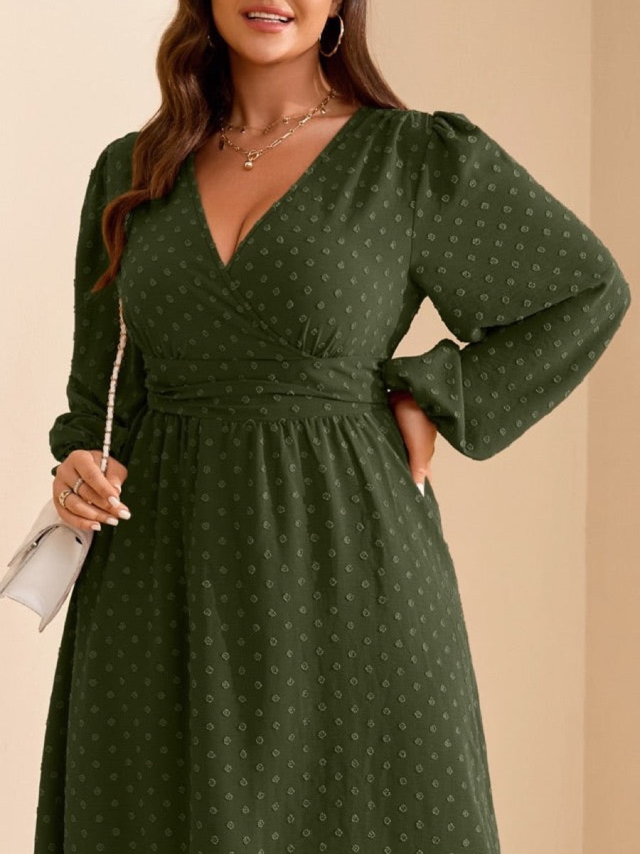 Plus Size Swiss-Dot V-Neck Party Dress — Army Green close-up detail