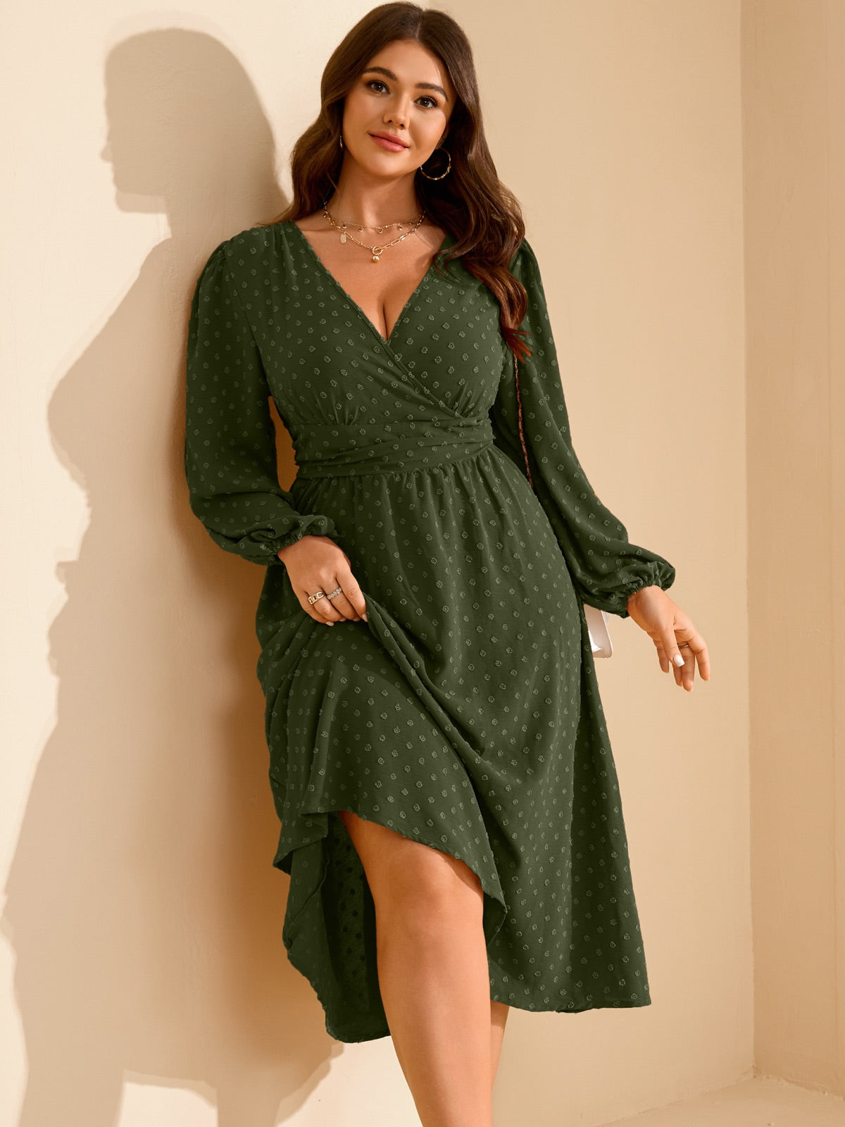 Plus Size Swiss-Dot V-Neck Party Dress — Army Green gallery image 1