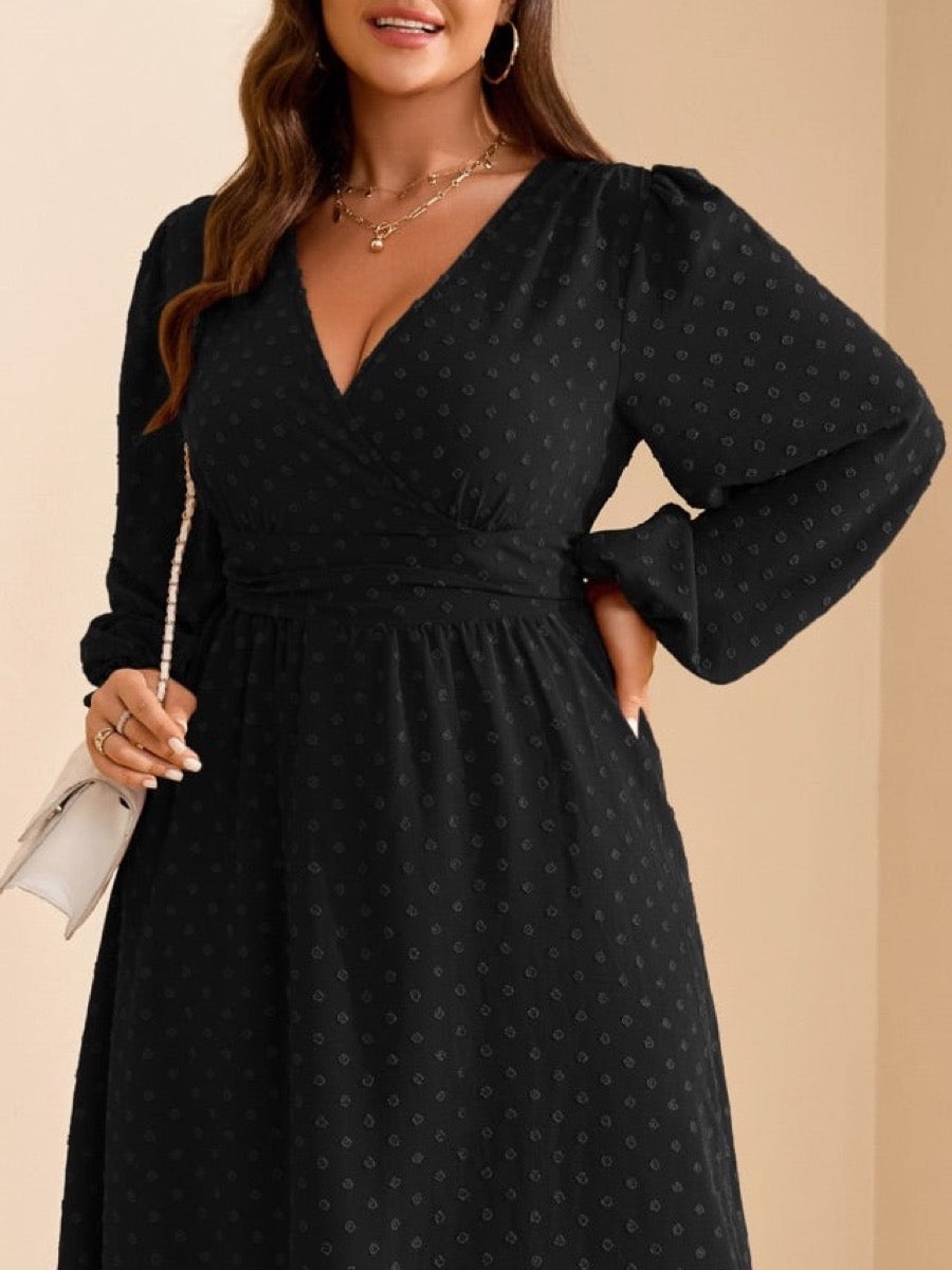 Plus Size Swiss-Dot V-Neck Party Dress — Black close-up detail