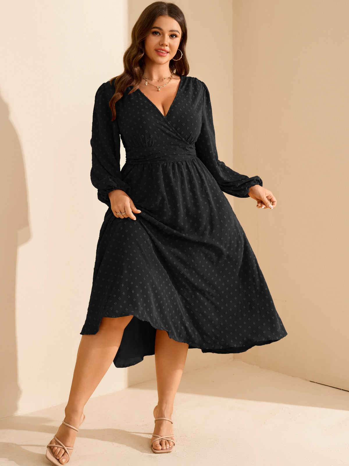 Plus Size Swiss-Dot V-Neck Party Dress — Black gallery image 1