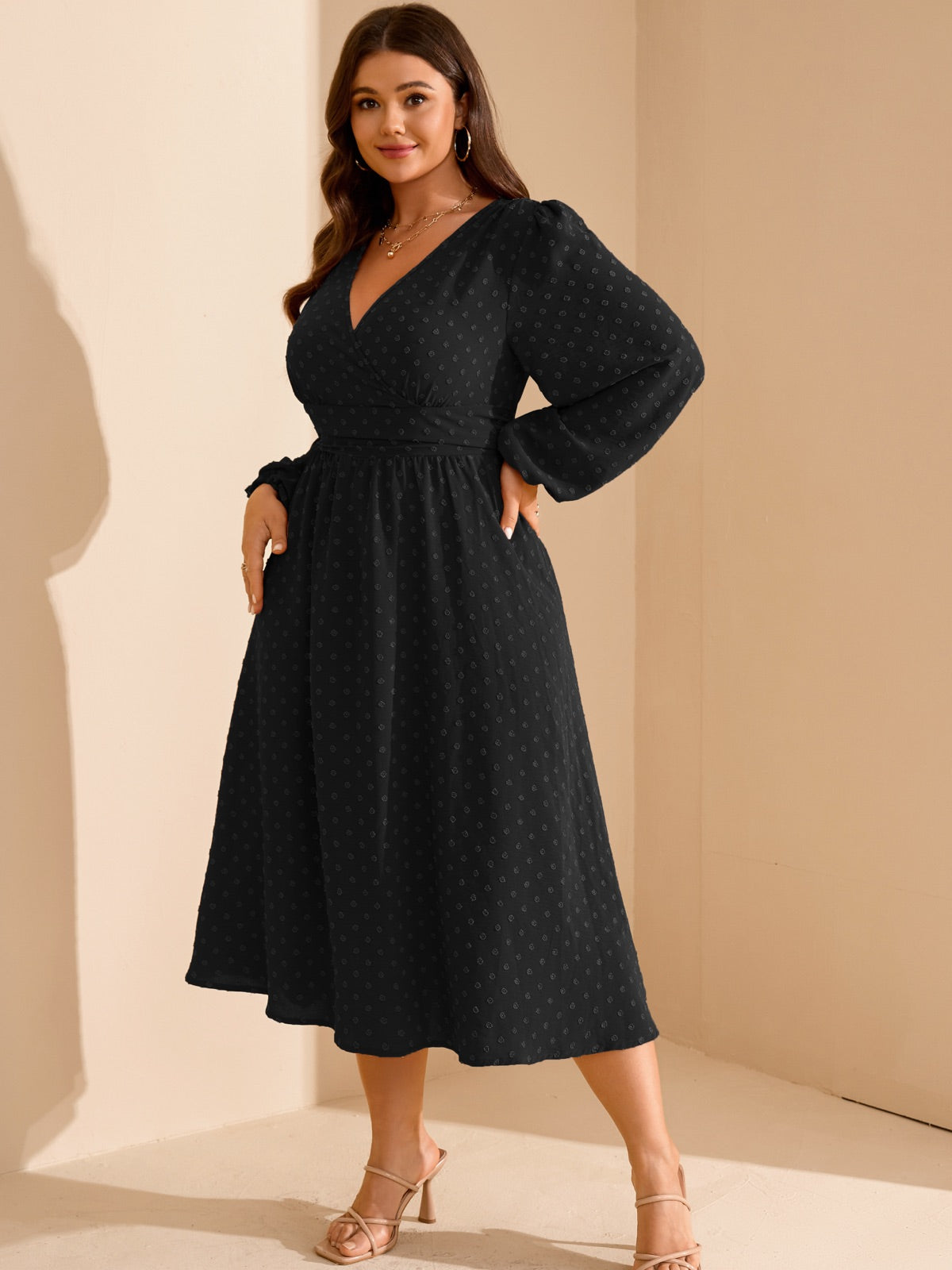 Plus Size Swiss-Dot V-Neck Party Dress — Black gallery image 3