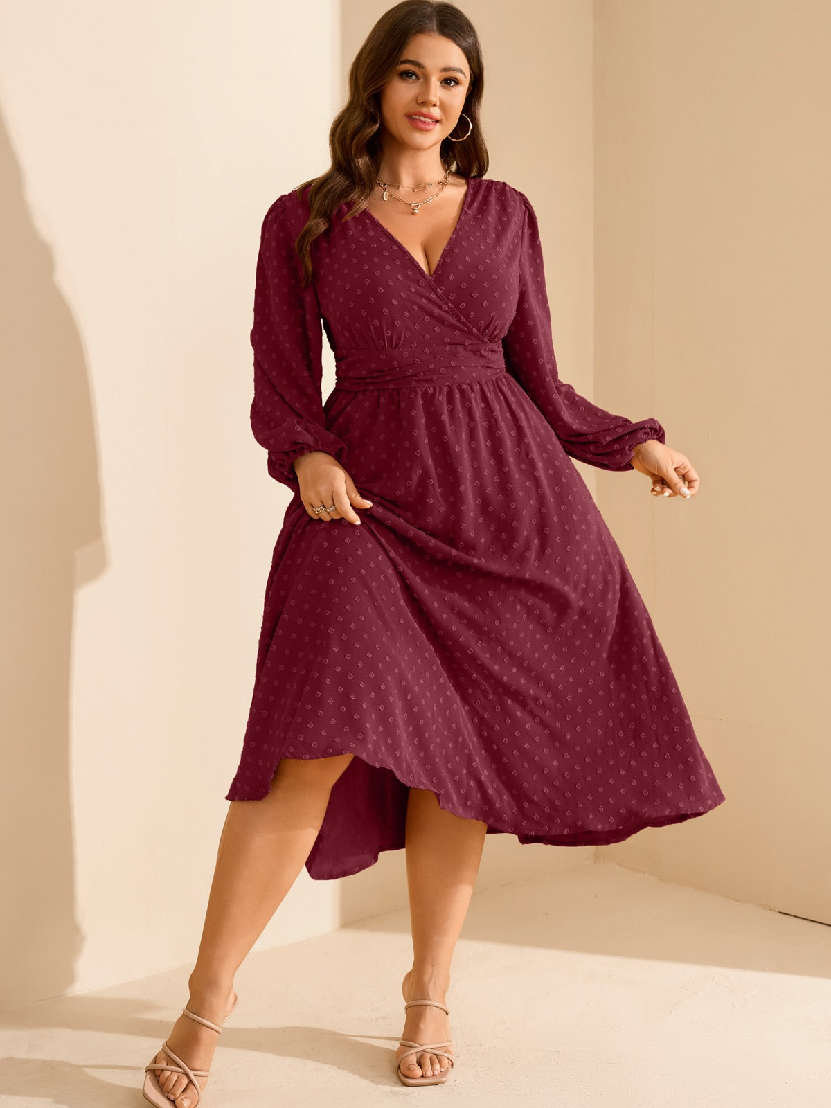 Plus Size Swiss-Dot V-Neck Party Dress — Burgundy gallery image 3