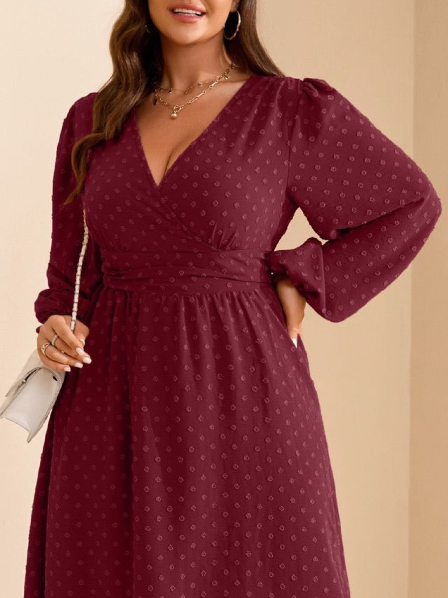 Plus Size Swiss-Dot V-Neck Party Dress — Burgundy close-up detail