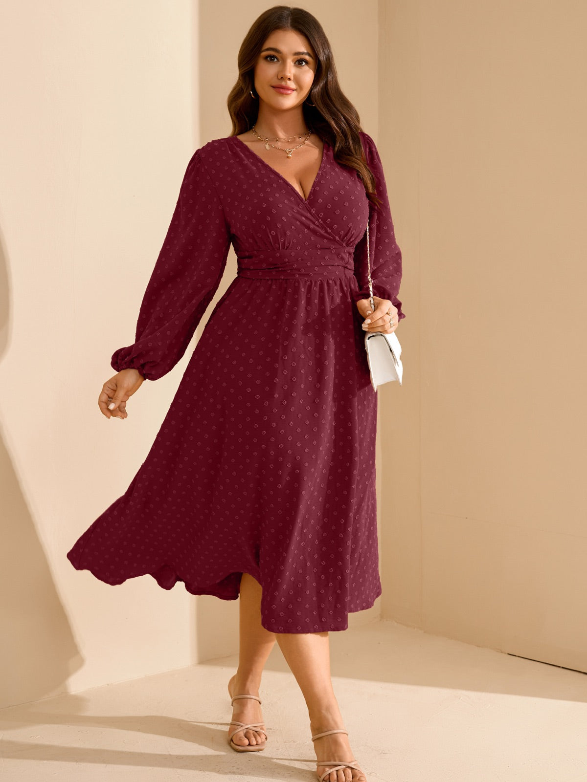 Plus Size Swiss-Dot V-Neck Party Dress — Burgundy gallery image 2
