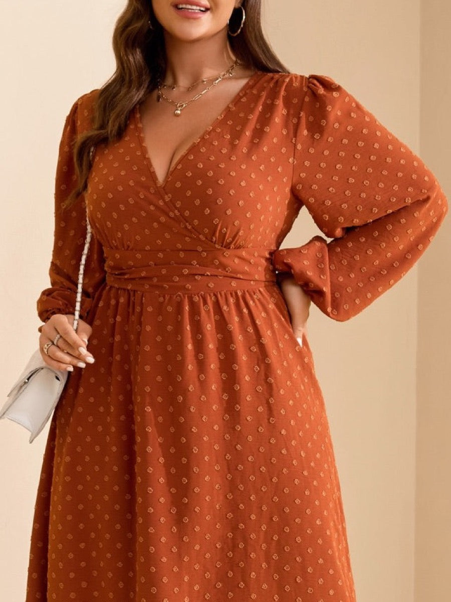 Plus Size Swiss-Dot V-Neck Party Dress — Burnt Orange close-up detail