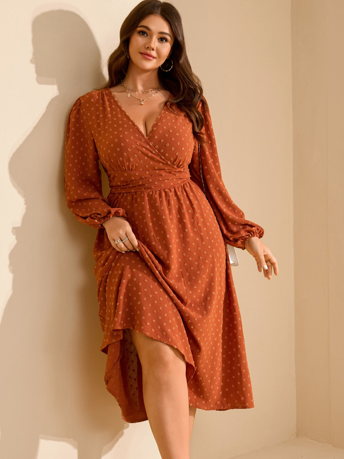 Plus Size Swiss-Dot V-Neck Party Dress — Burnt Orange gallery image 2