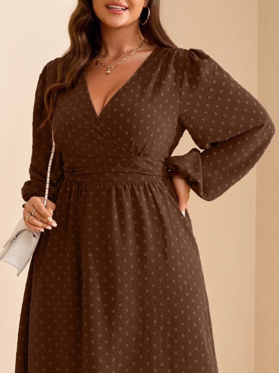 Plus Size Swiss-Dot V-Neck Party Dress — Coffee close-up detail