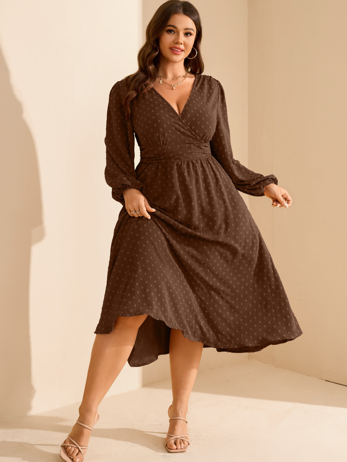 Plus Size Swiss-Dot V-Neck Party Dress — Coffee gallery image 1