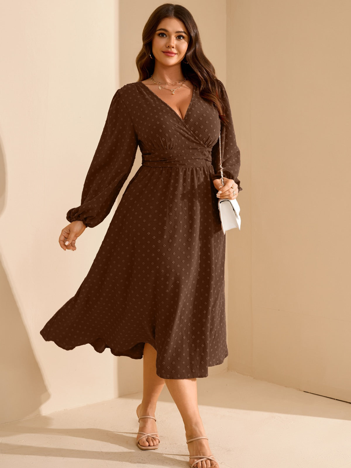 Plus Size Swiss-Dot V-Neck Party Dress — Coffee gallery image 3