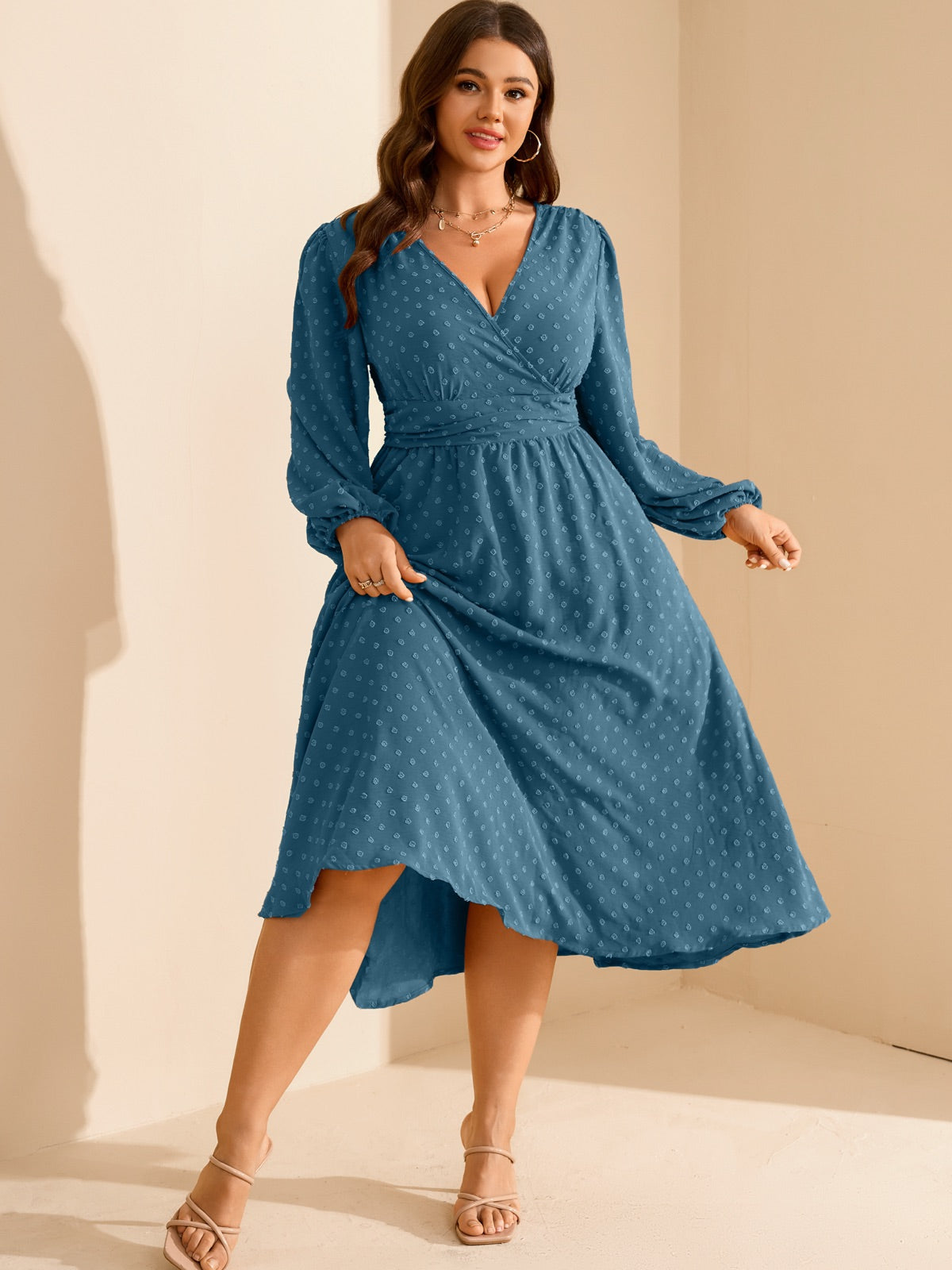 Plus Size Swiss-Dot V-Neck Party Dress — Dusty Blue gallery image 3