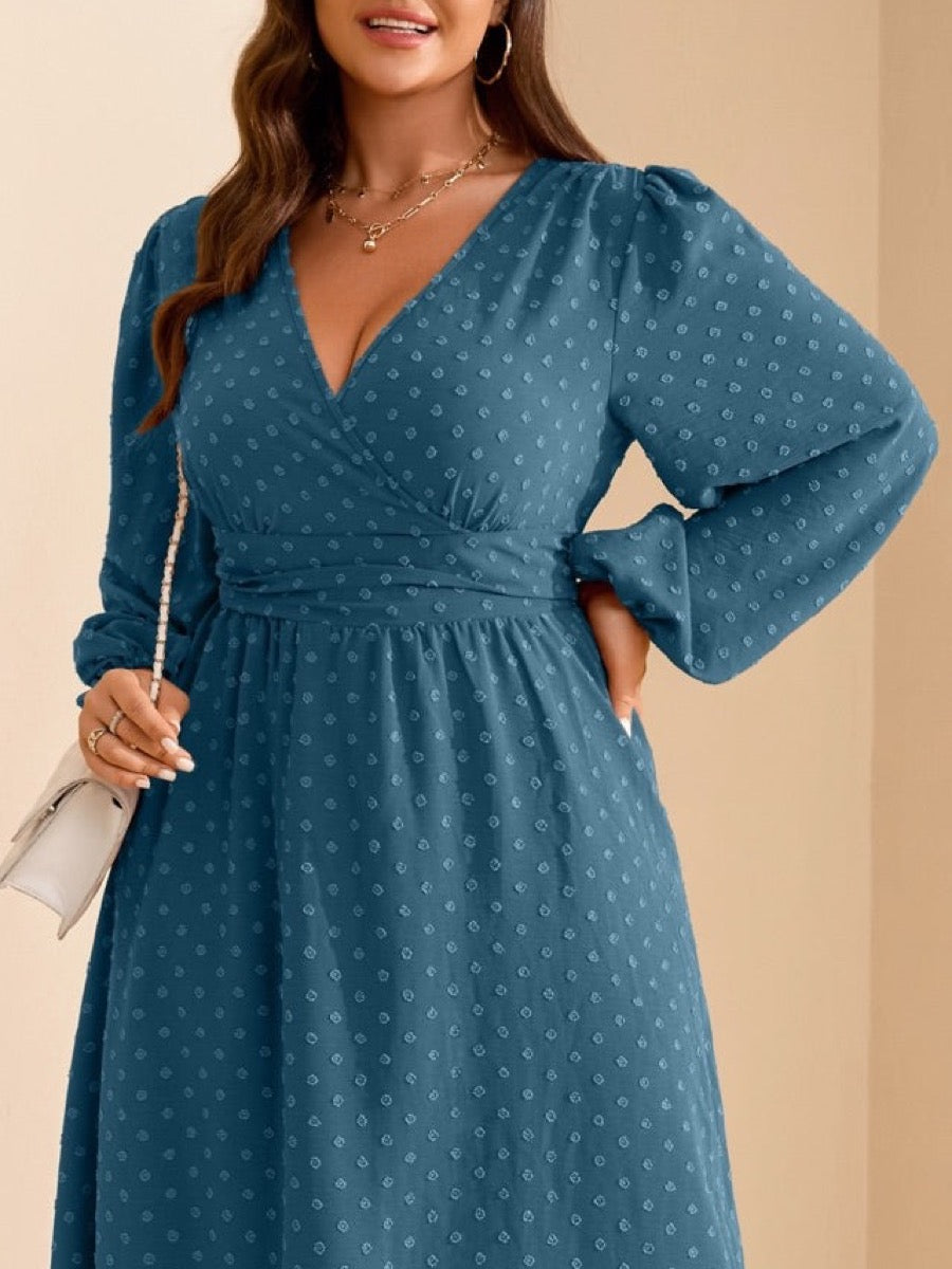 Plus Size Swiss-Dot V-Neck Party Dress — Dusty Blue close-up detail