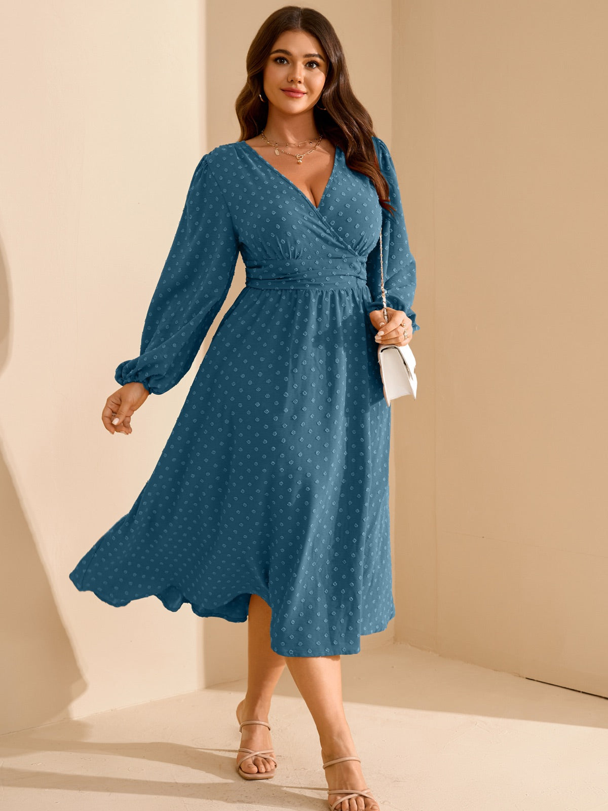 Plus Size Swiss-Dot V-Neck Party Dress — Dusty Blue gallery image 2