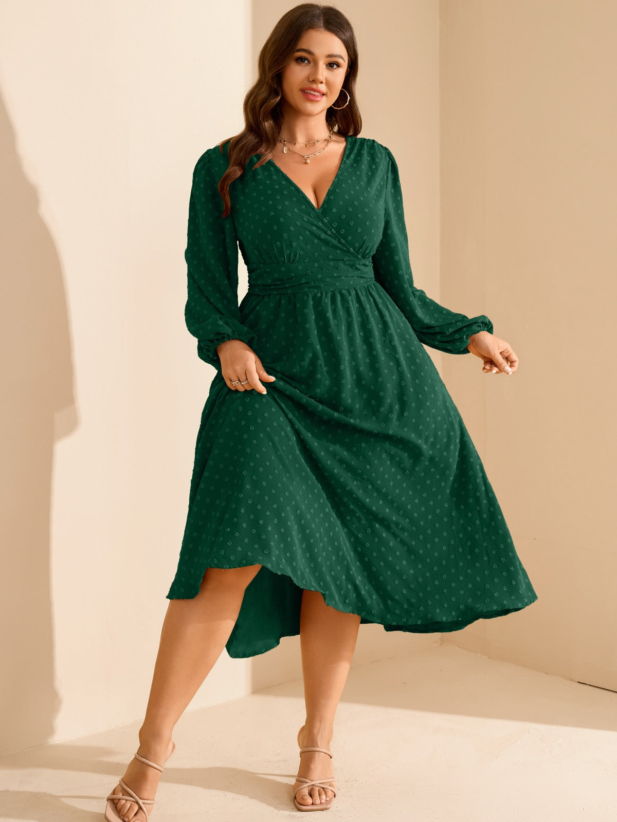 Plus Size Swiss-Dot V-Neck Party Dress — Emerald Green gallery image 2
