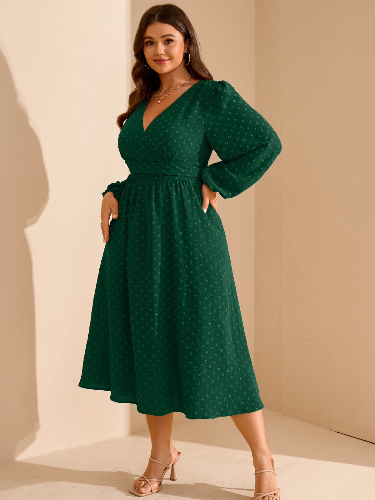 Plus Size Swiss-Dot V-Neck Party Dress — Emerald Green gallery image 4