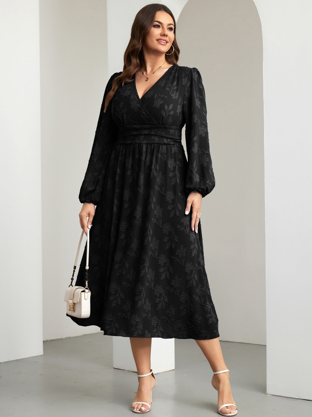 Plus Size Swiss-Dot V-Neck Party Dress — Flower Black gallery image 1
