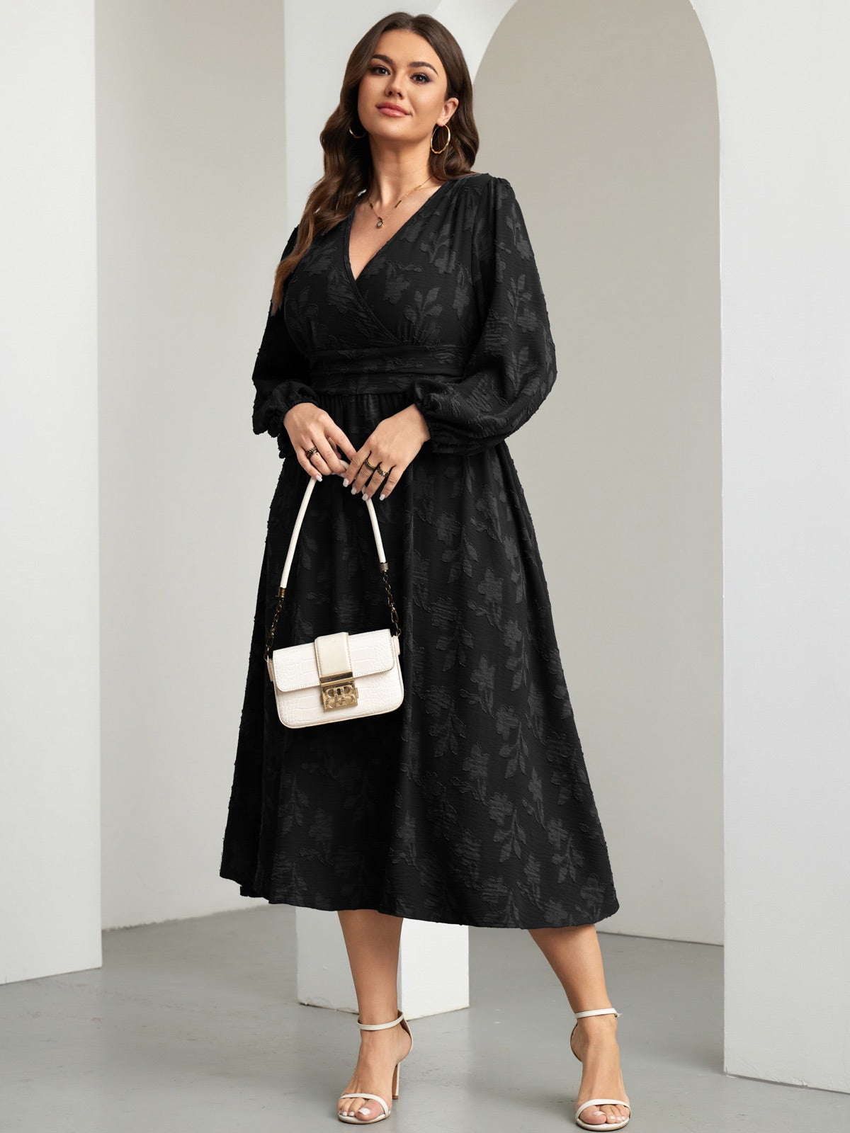 Plus Size Swiss-Dot V-Neck Party Dress — Flower Black gallery image 2