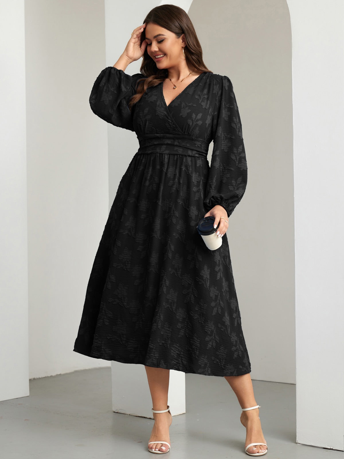 Plus Size Swiss-Dot V-Neck Party Dress — Flower Black gallery image 4