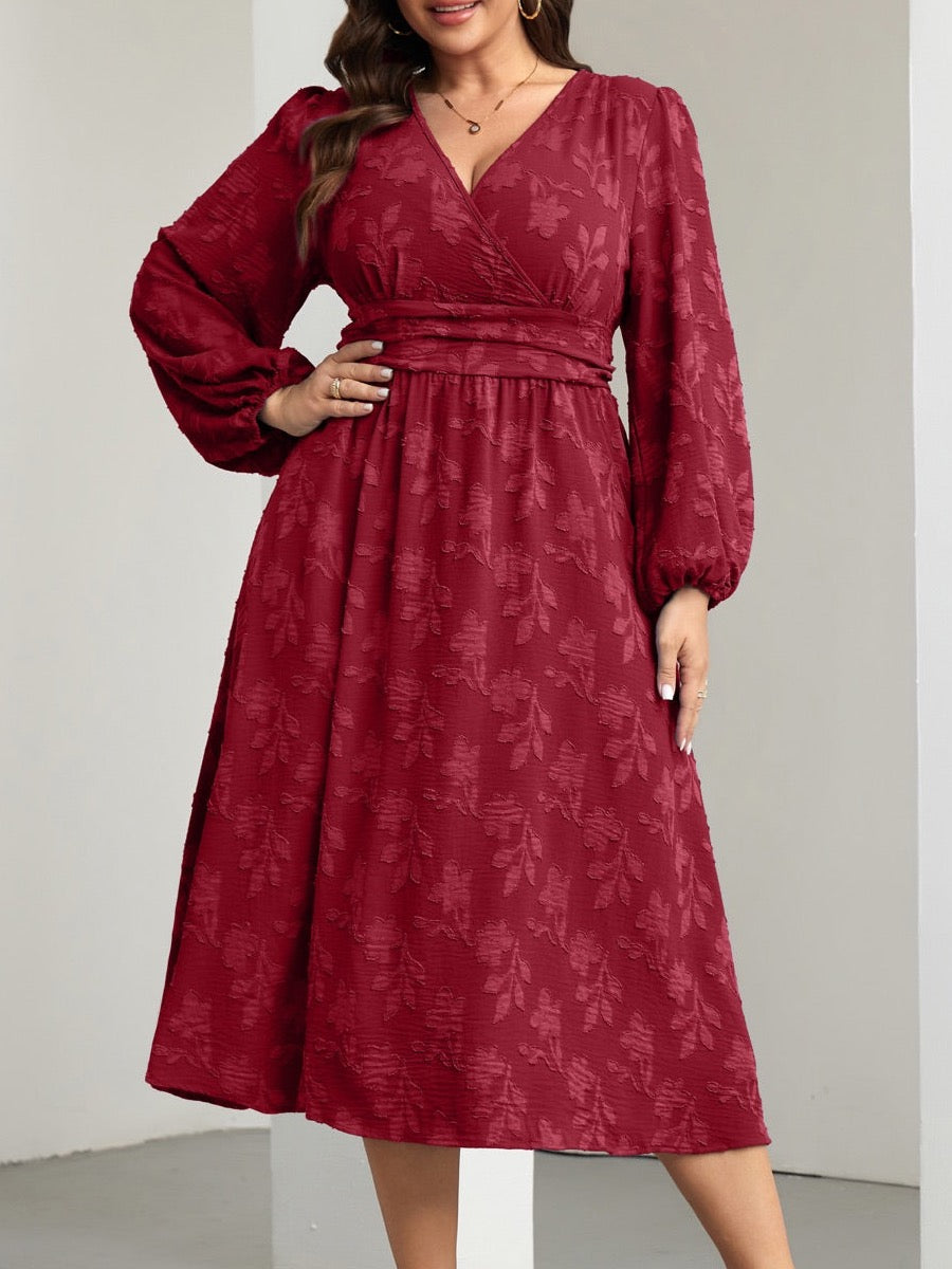 Plus Size Swiss-Dot V-Neck Party Dress — Flower Burgundy close-up detail