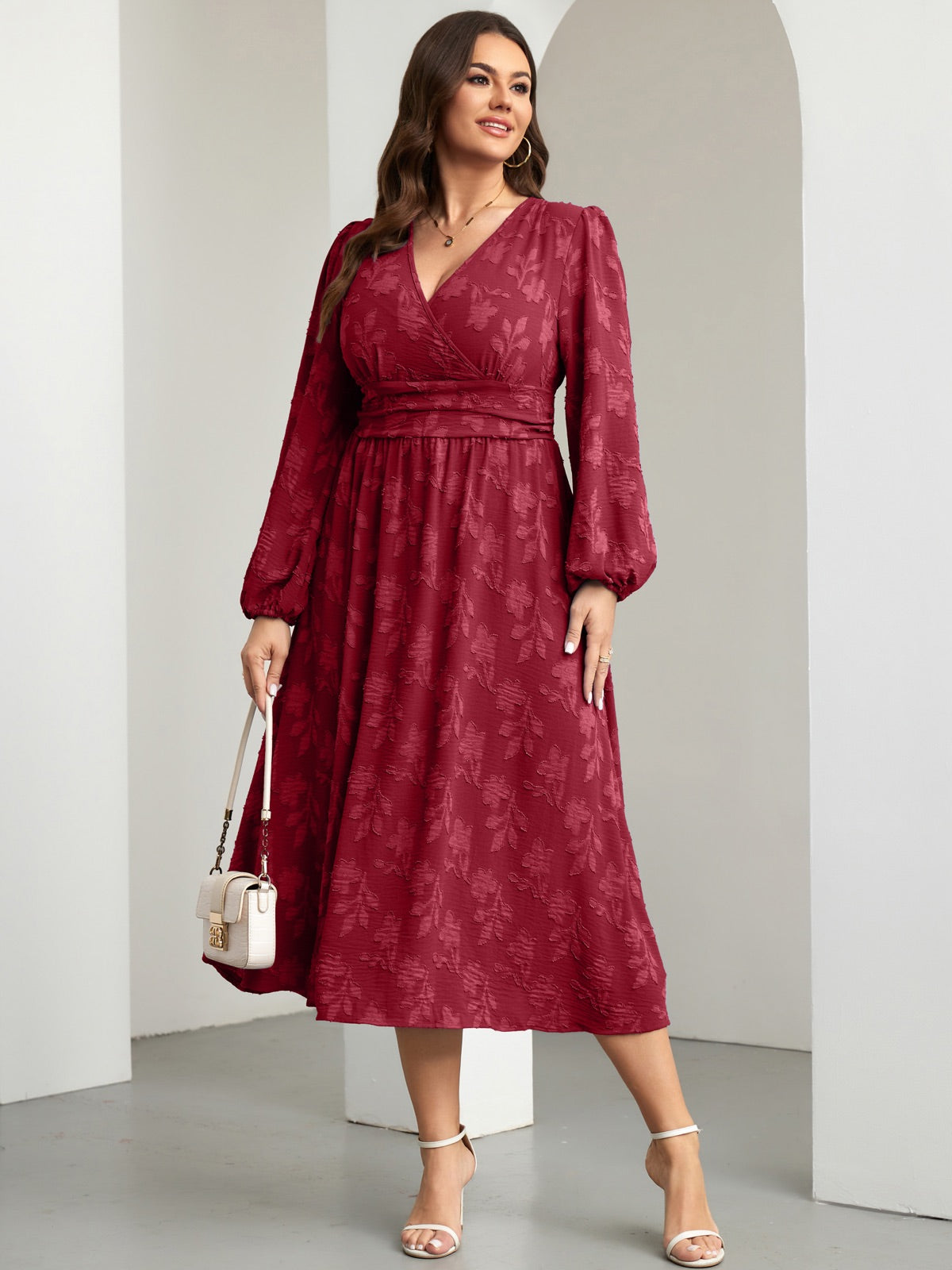 Plus Size Swiss-Dot V-Neck Party Dress — Flower Burgundy gallery image 1