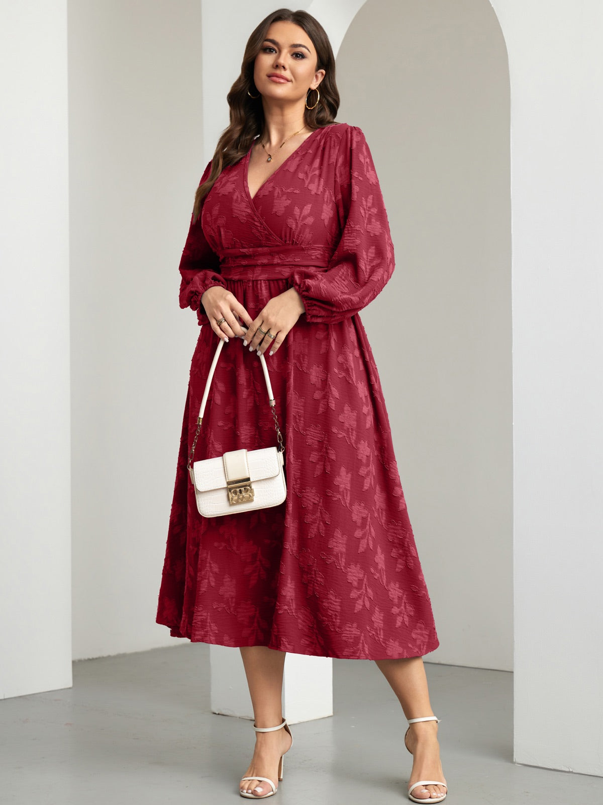 Plus Size Swiss-Dot V-Neck Party Dress — Flower Burgundy gallery image 2