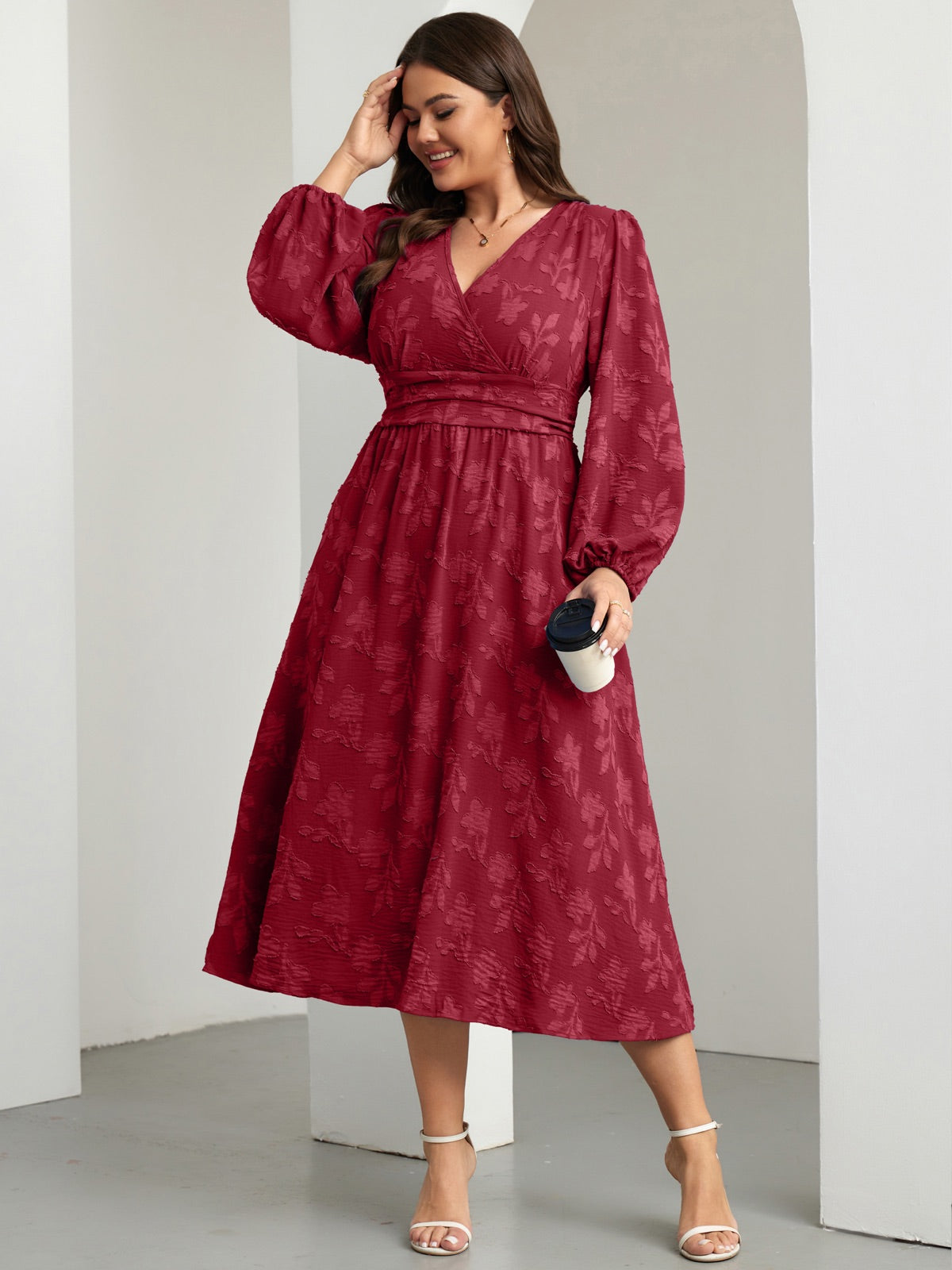 Plus Size Swiss-Dot V-Neck Party Dress — Flower Burgundy gallery image 4