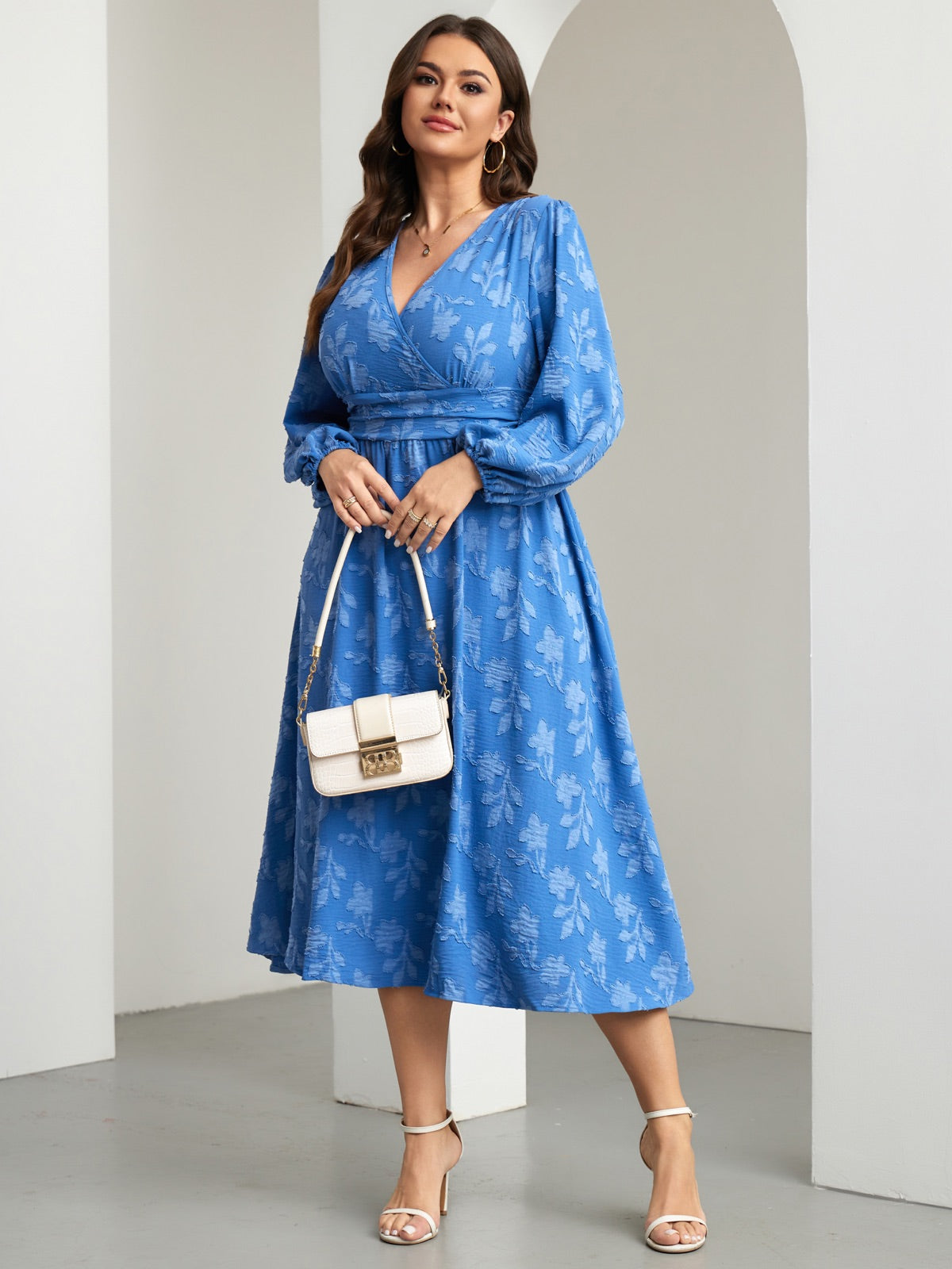 Plus Size Swiss-Dot V-Neck Party Dress — Flower Dusty Blue gallery image 2
