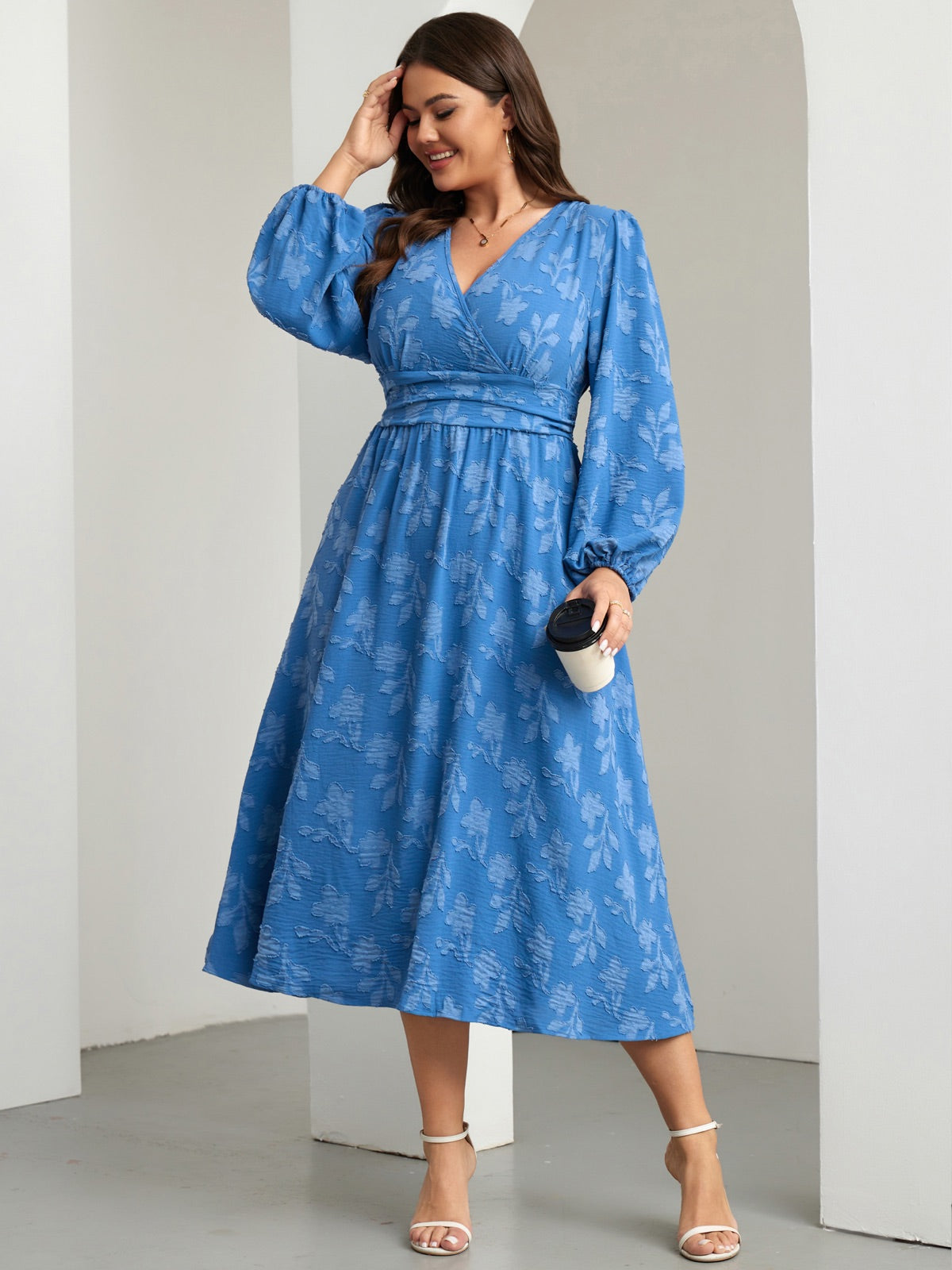 Plus Size Swiss-Dot V-Neck Party Dress — Flower Dusty Blue gallery image 4