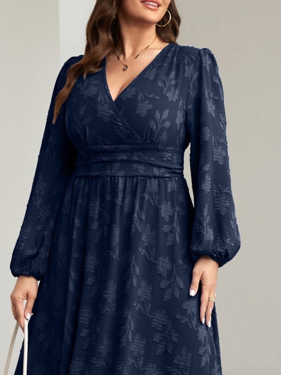Plus Size Swiss-Dot V-Neck Party Dress — Flower Navy Blue close-up detail