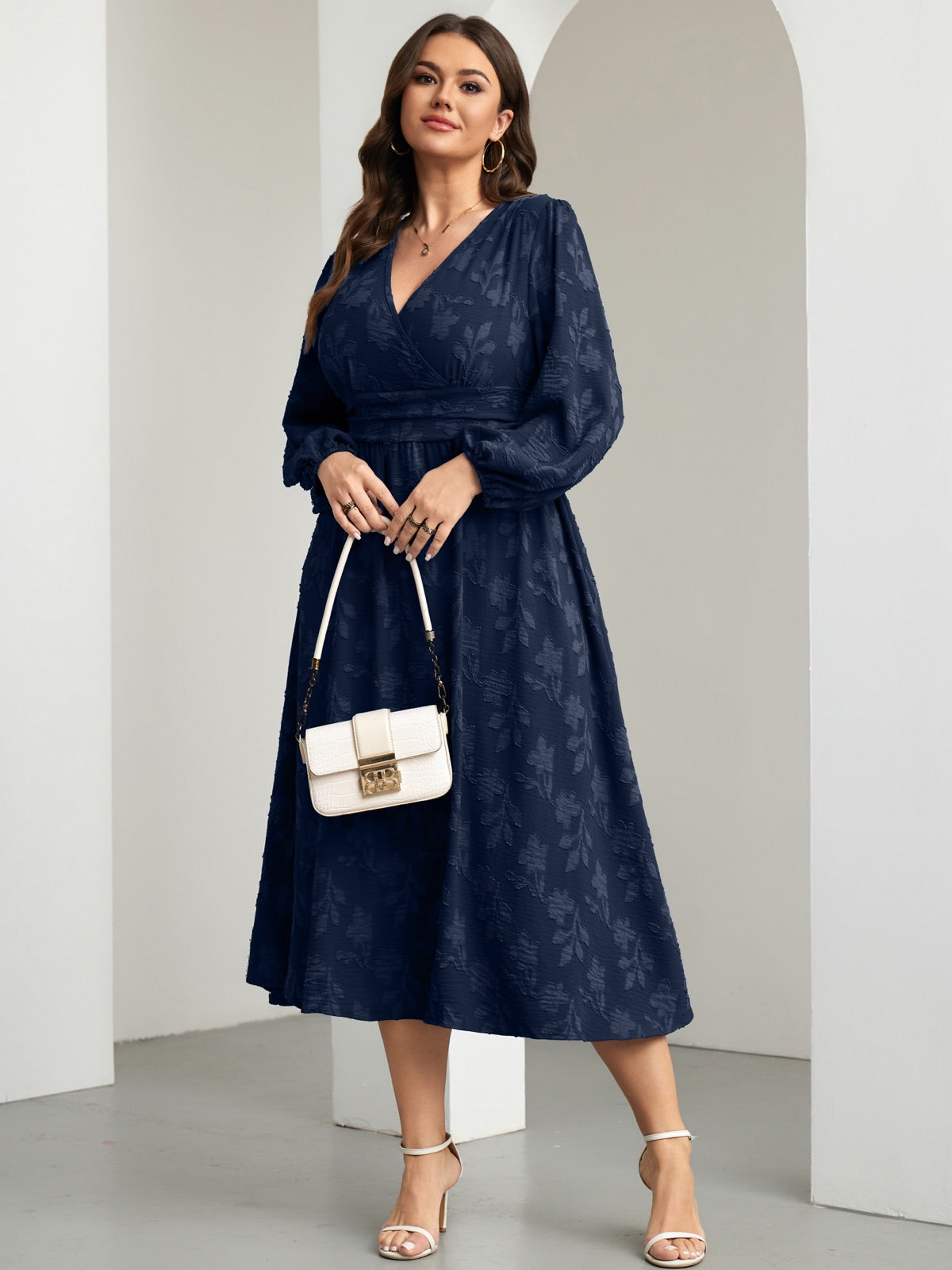 Plus Size Swiss-Dot V-Neck Party Dress — Flower Navy Blue gallery image 2