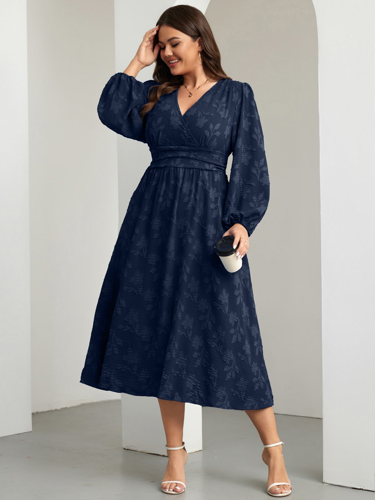 Plus Size Swiss-Dot V-Neck Party Dress — Flower Navy Blue gallery image 4