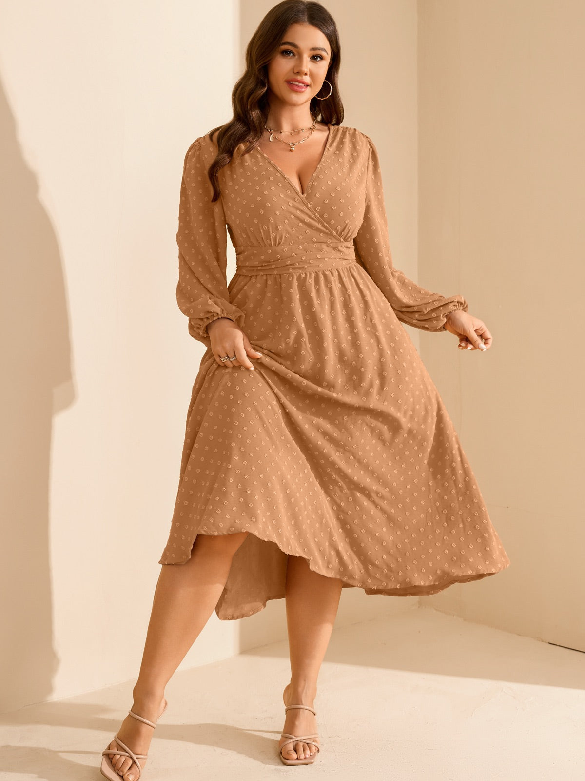 Plus Size Swiss-Dot V-Neck Party Dress — Khaki gallery image 3