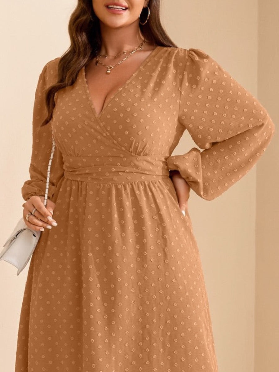 Plus Size Swiss-Dot V-Neck Party Dress — Khaki close-up detail