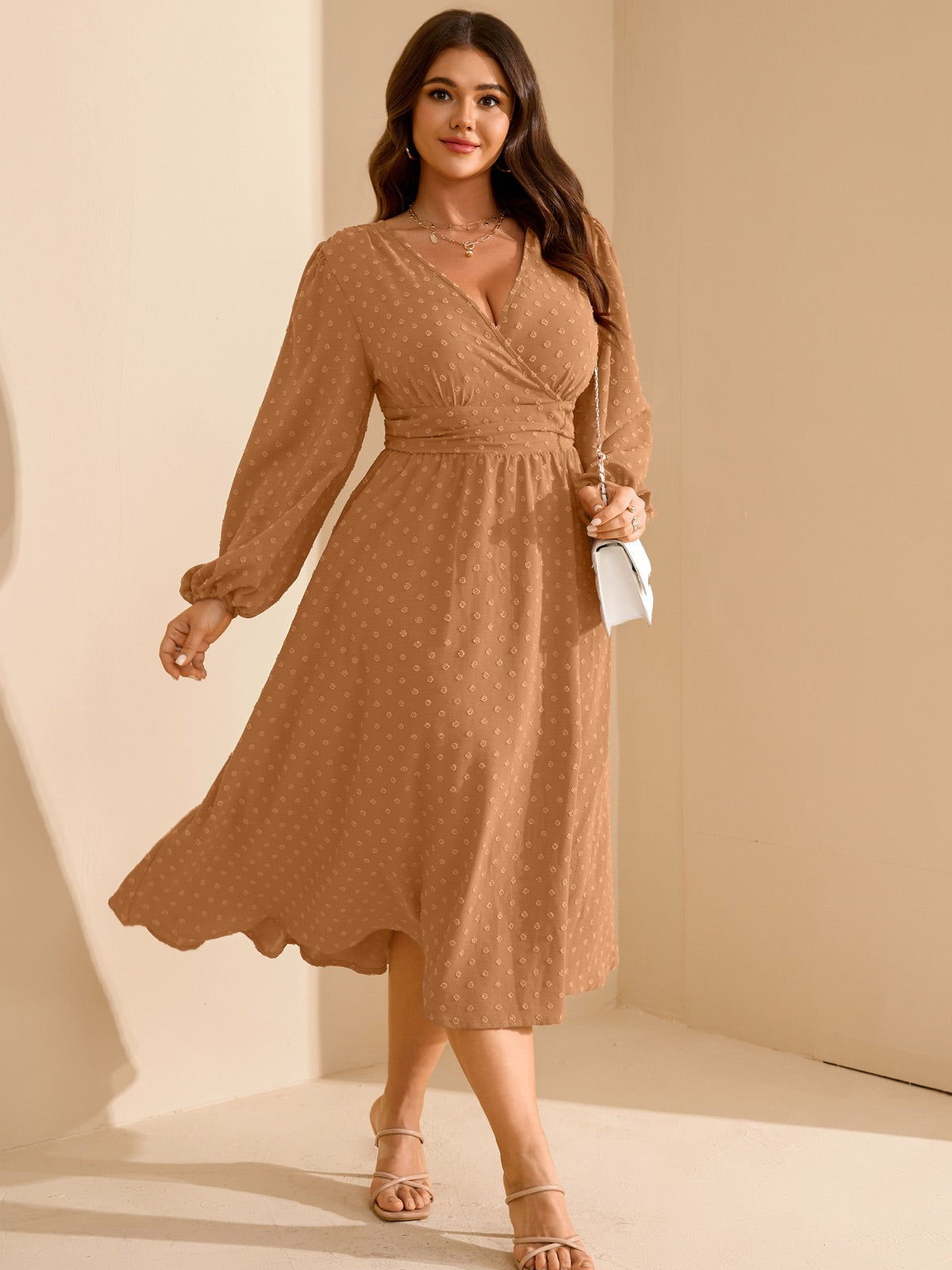 Plus Size Swiss-Dot V-Neck Party Dress — Khaki gallery image 2