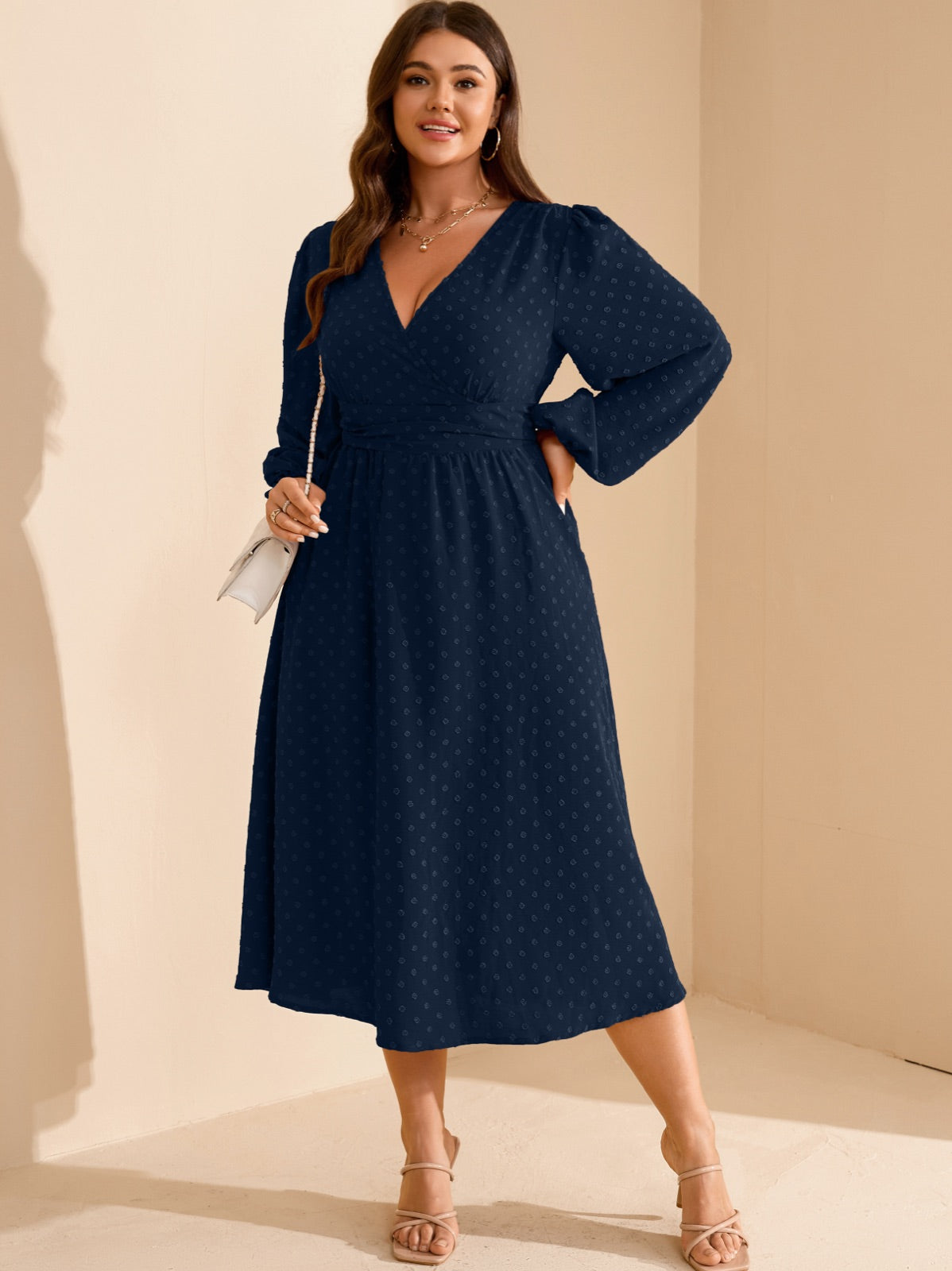 Plus Size Swiss-Dot V-Neck Party Dress — Navy Blue gallery image 3