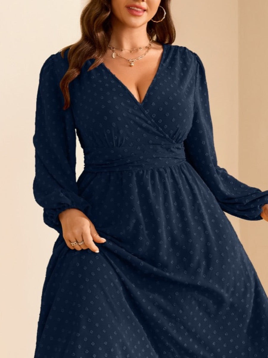 Plus Size Swiss-Dot V-Neck Party Dress — Navy Blue close-up detail