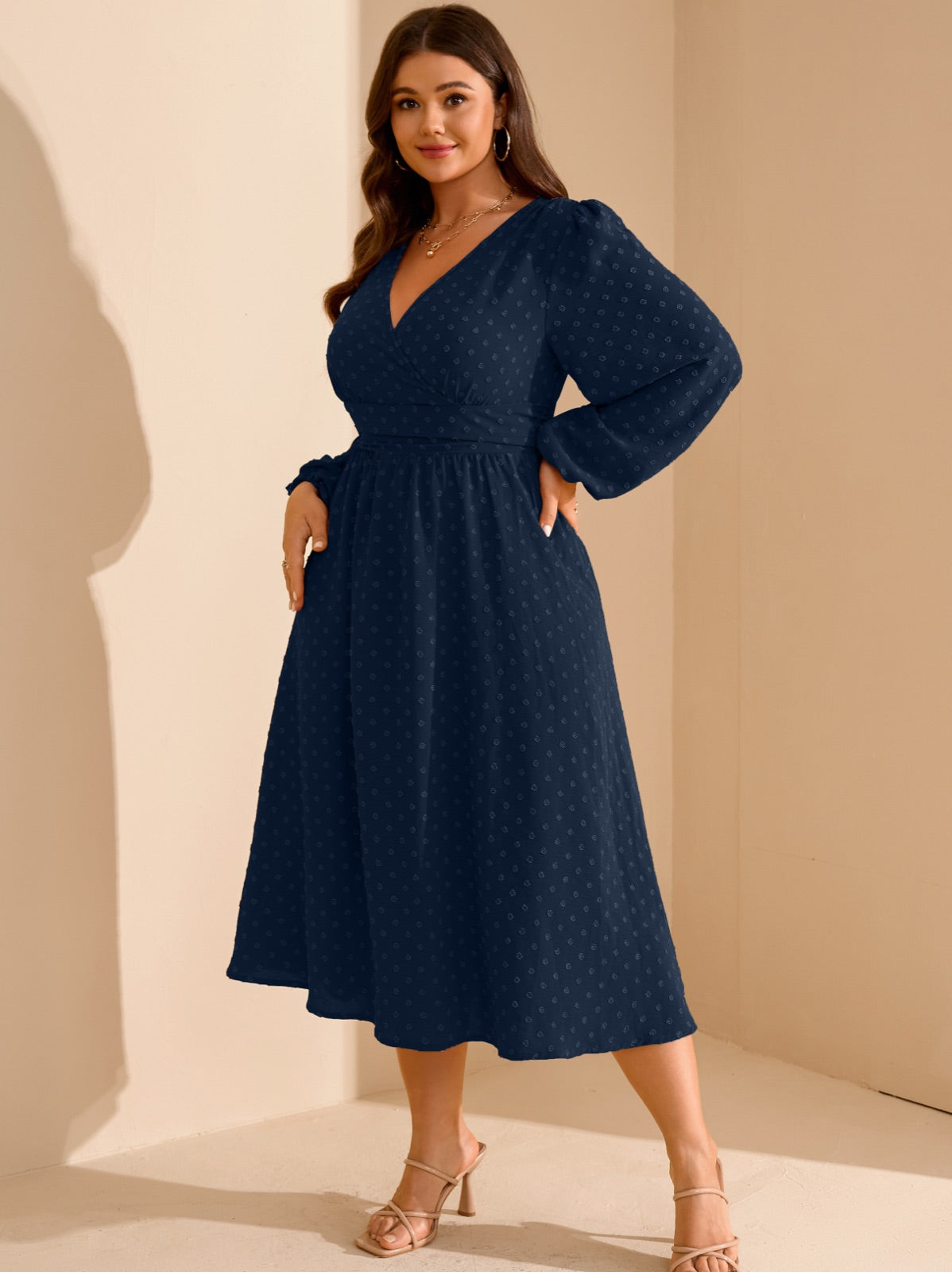 Plus Size Swiss-Dot V-Neck Party Dress — Navy Blue gallery image 3