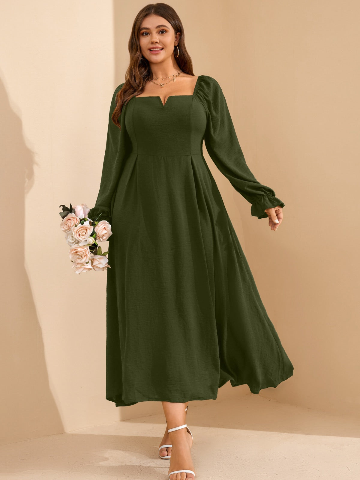 Plus Size Square-Neck Long-Sleeve Maxi Dress — Army Green gallery image 3
