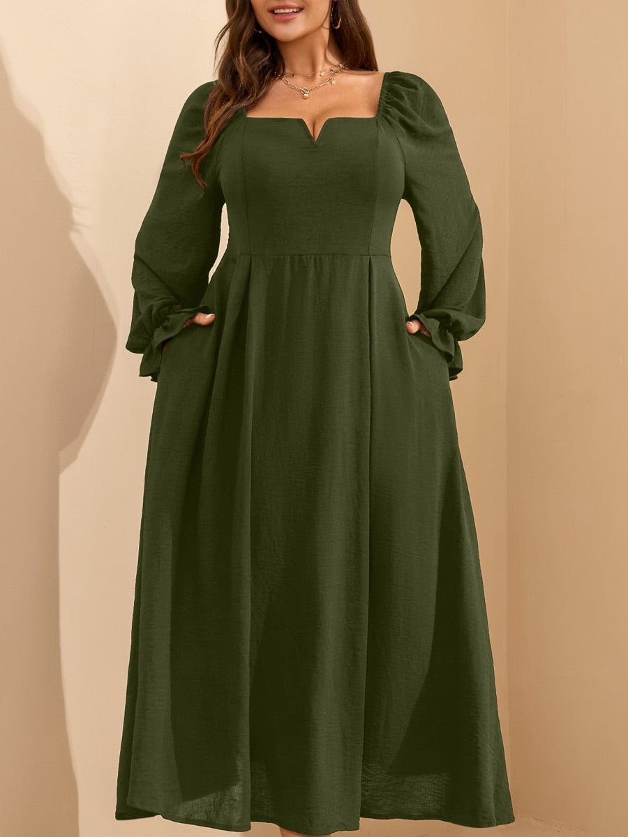 Plus Size Square-Neck Long-Sleeve Maxi Dress — army green close-up detail