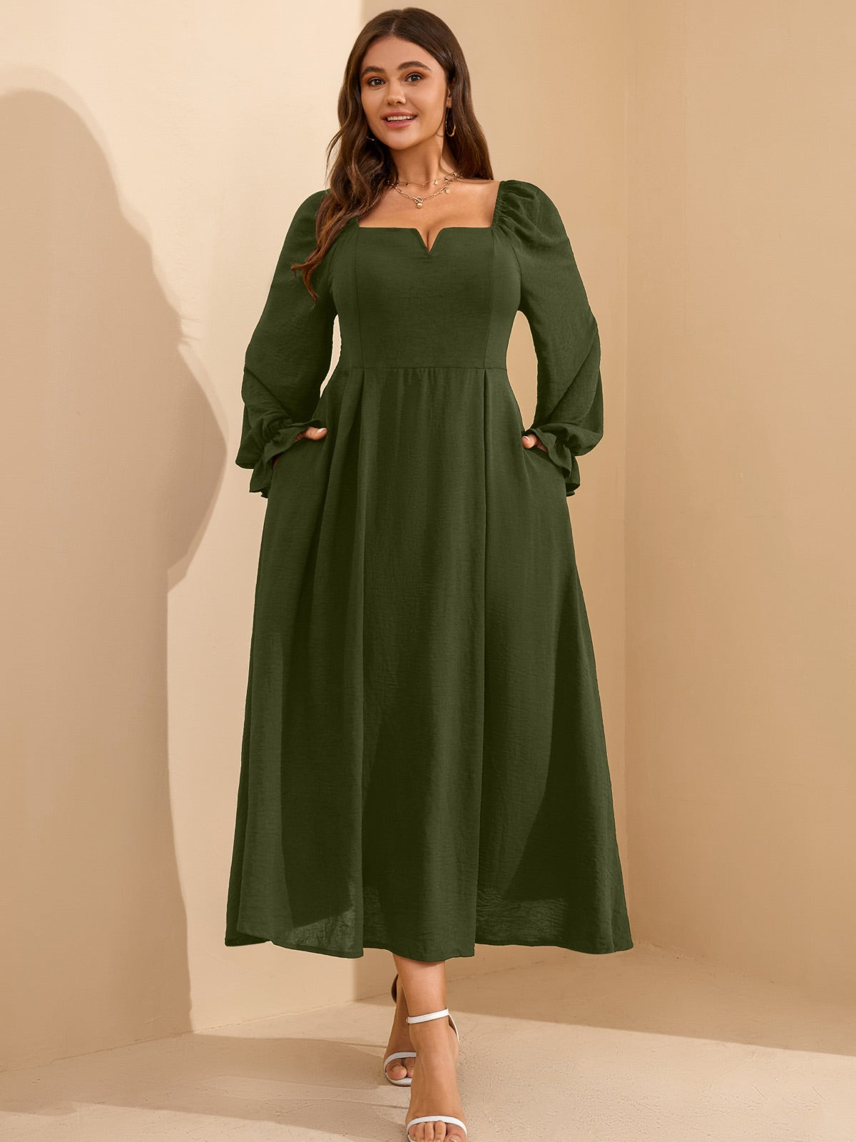 Plus Size Square-Neck Long-Sleeve Maxi Dress — Army Green gallery image 2