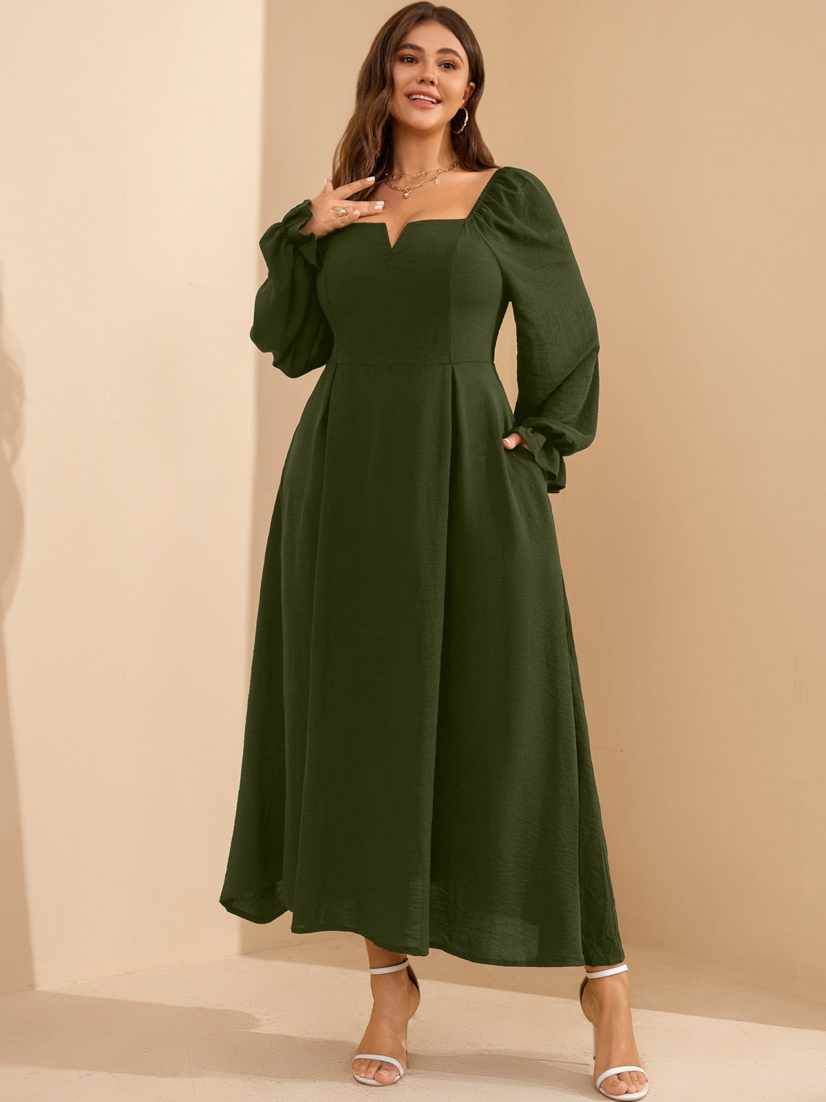Plus Size Square-Neck Long-Sleeve Maxi Dress — Army Green gallery image 3