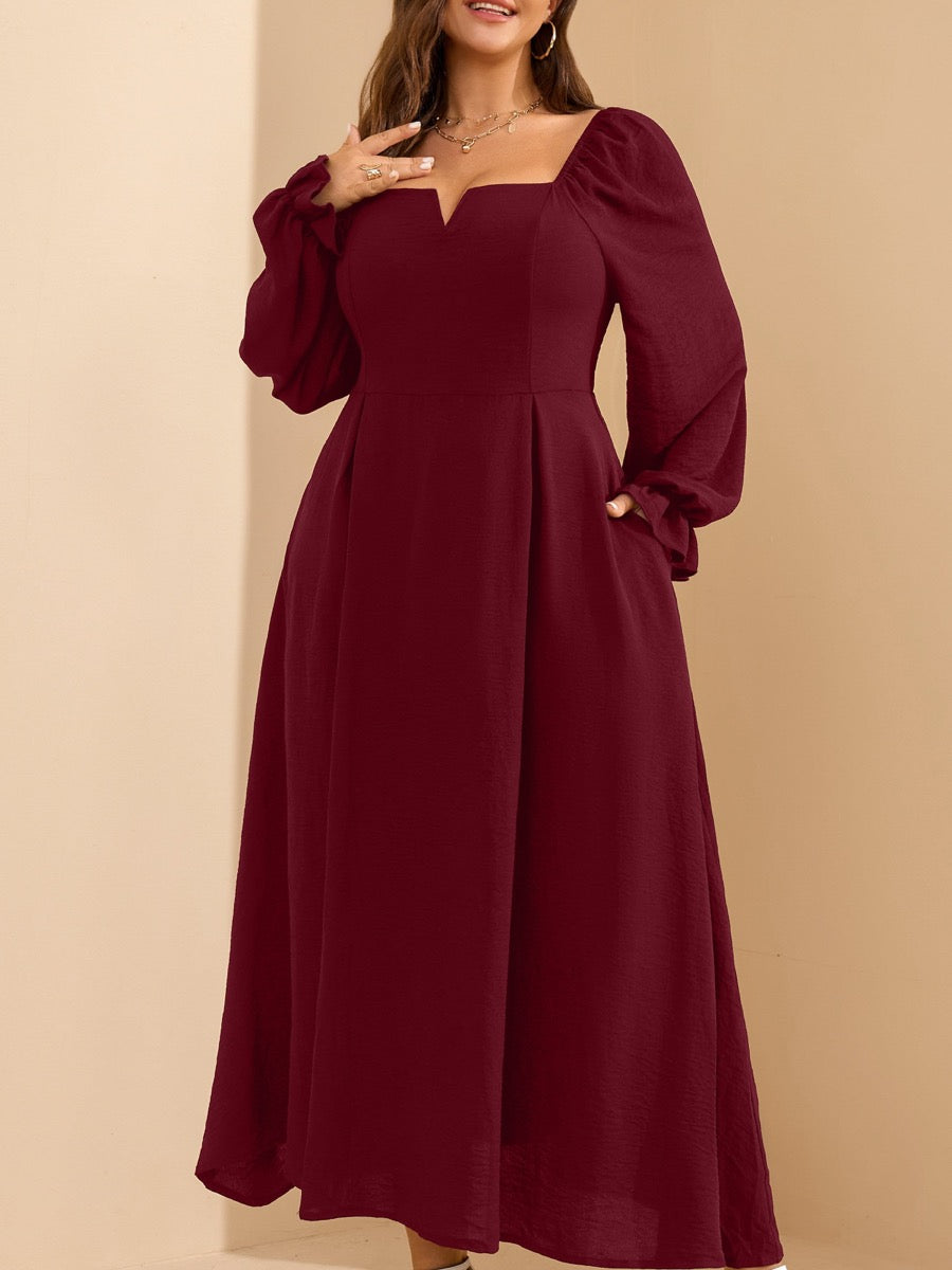 Plus Size Square-Neck Long-Sleeve Maxi Dress — burgundy close-up detail