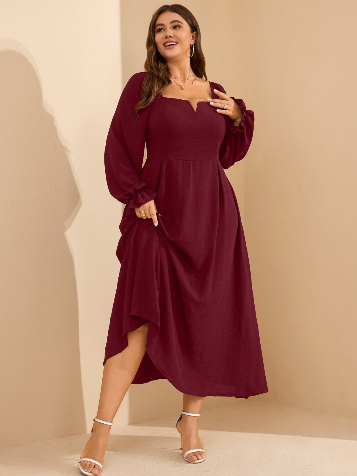 Plus Size Square-Neck Long-Sleeve Maxi Dress — Burgundy gallery image 2