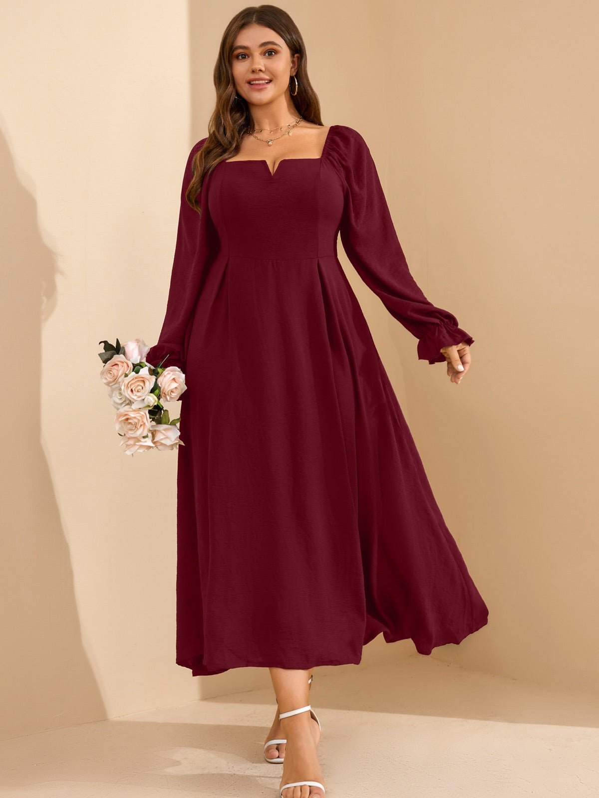 Plus Size Square-Neck Long-Sleeve Maxi Dress — Burgundy gallery image 3