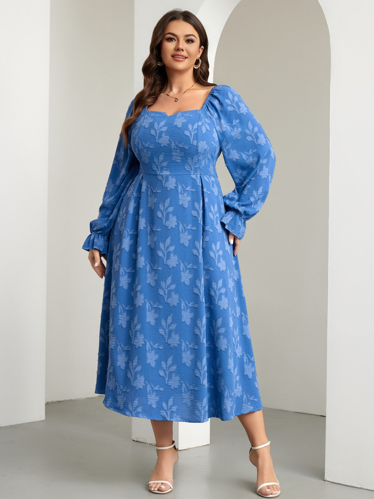 Plus Size Square-Neck Long-Sleeve Maxi Dress — Floral Blue gallery image 3