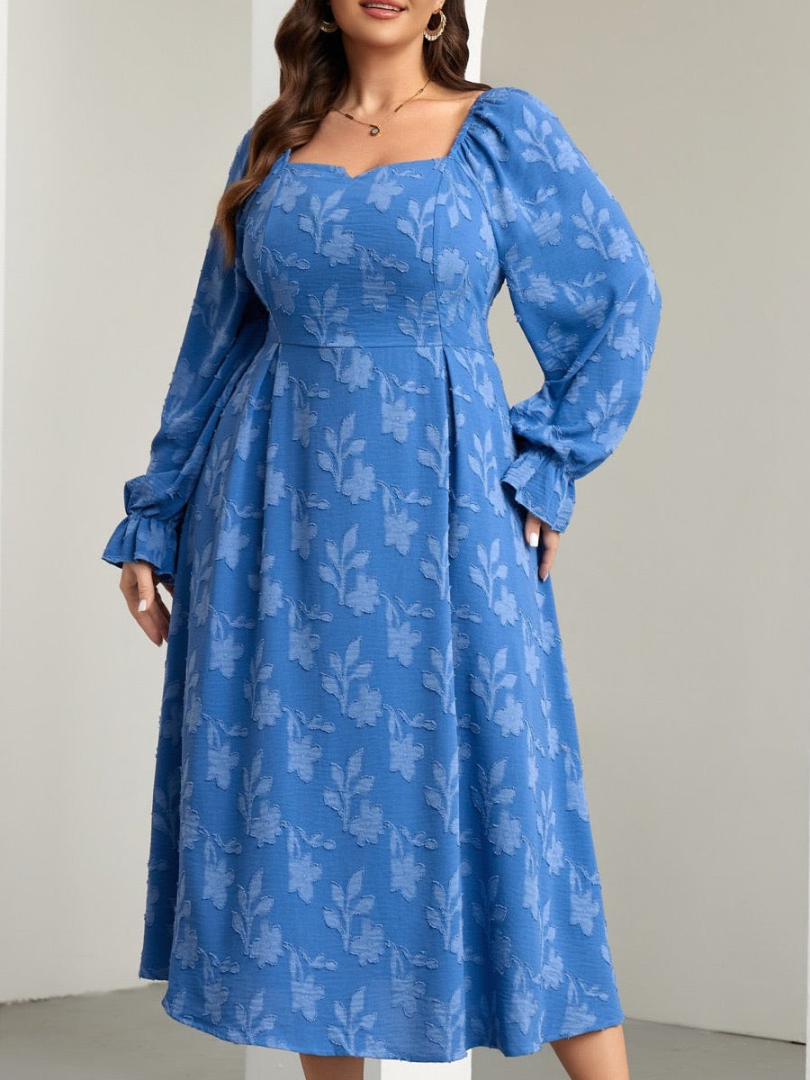 Plus Size Square-Neck Long-Sleeve Maxi Dress — floral blue close-up detail