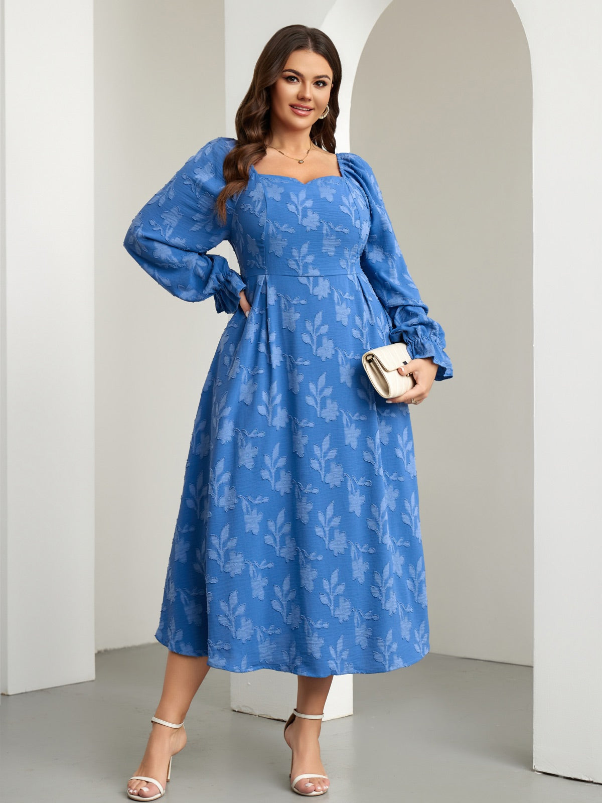 Plus Size Square-Neck Long-Sleeve Maxi Dress — Floral Blue gallery image 2