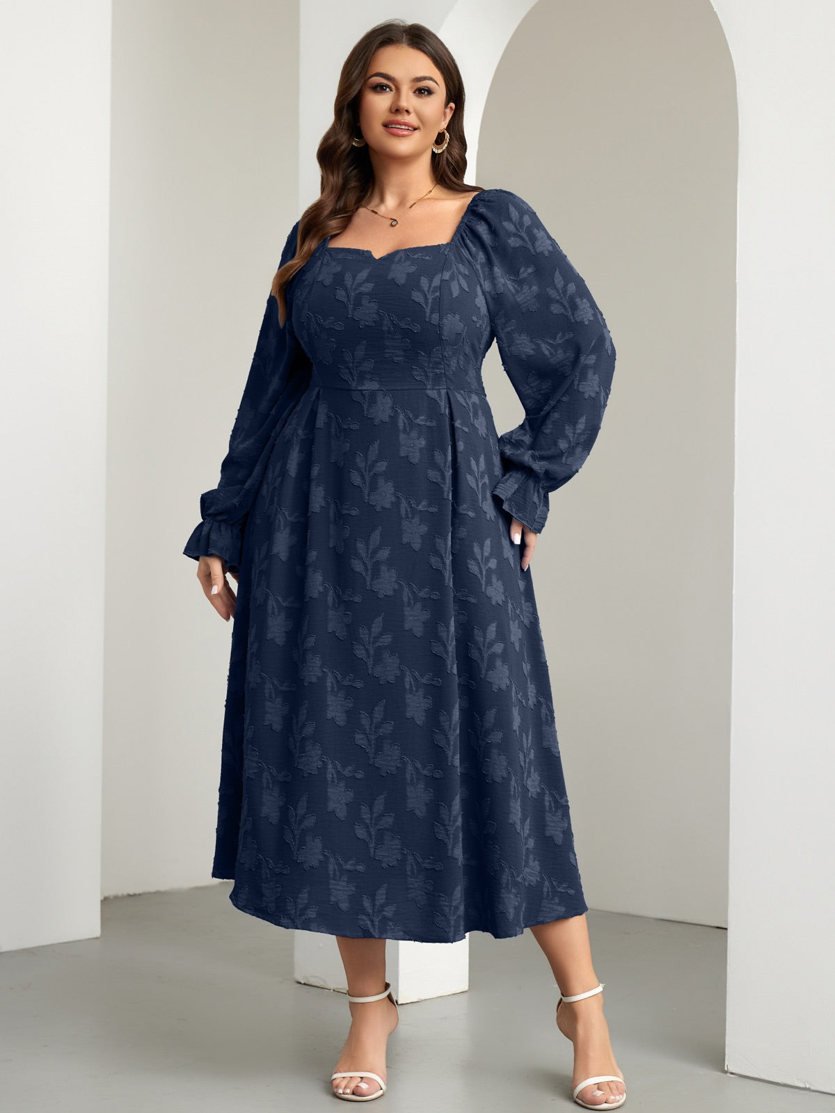 Plus Size Square-Neck Long-Sleeve Maxi Dress — Floral Navy Blue gallery image 3