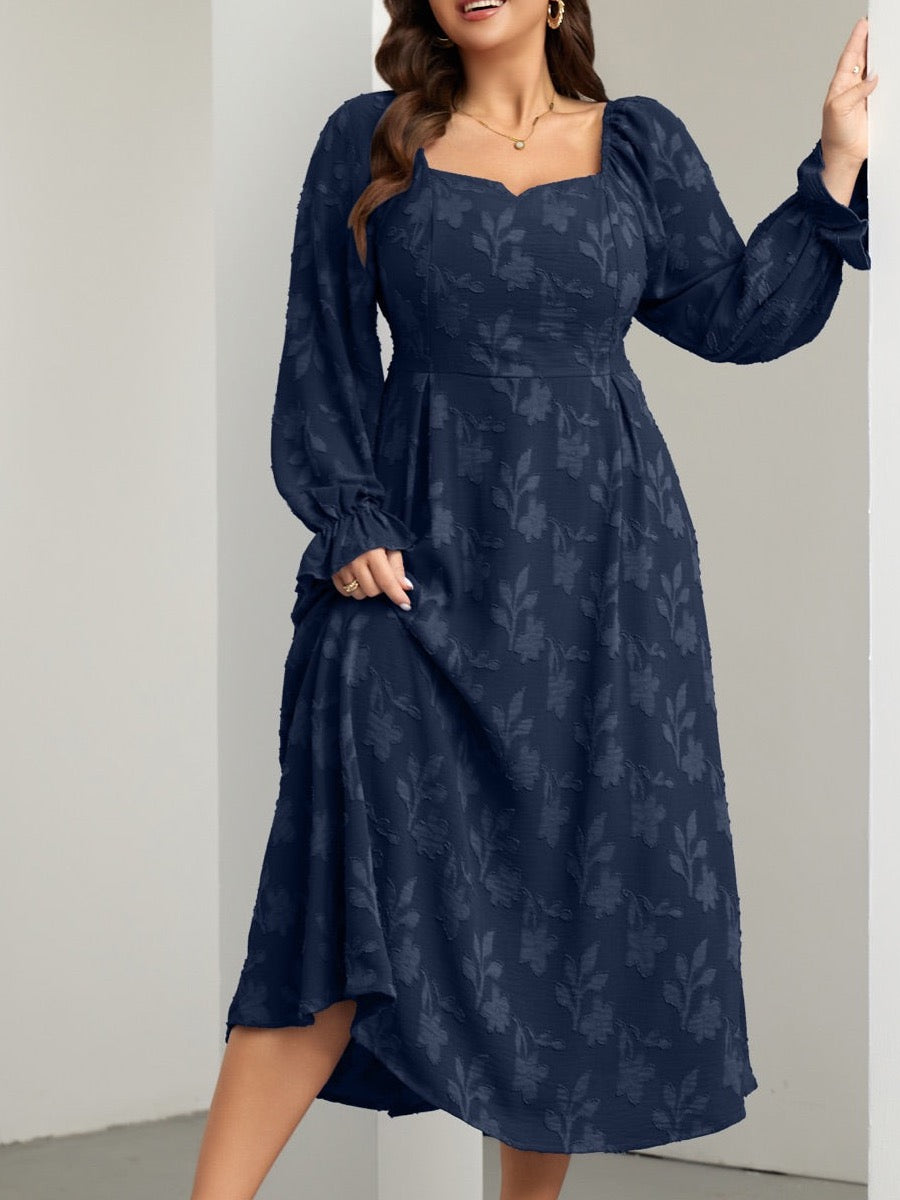 Plus Size Square-Neck Long-Sleeve Maxi Dress — floral navy blue close-up detail